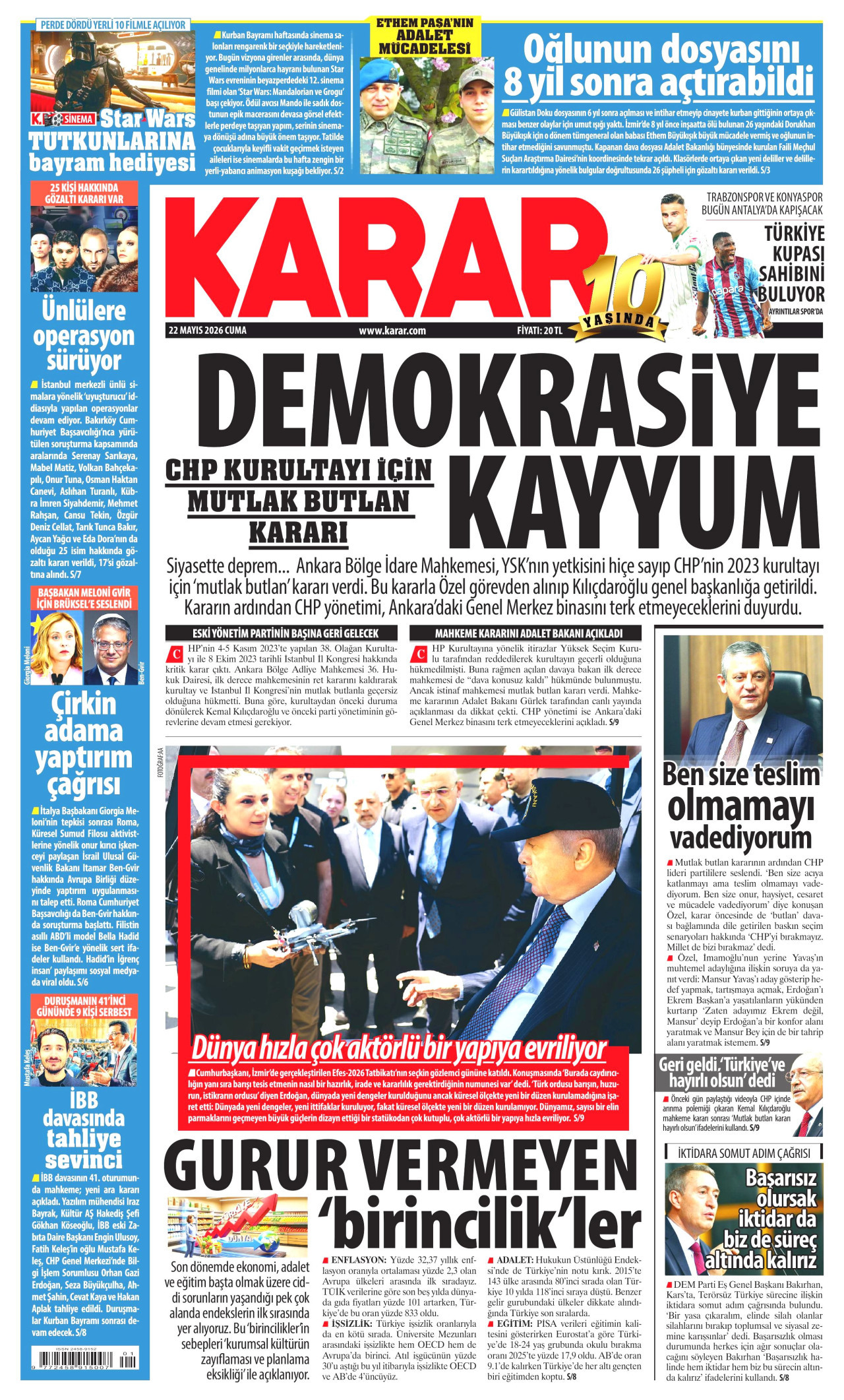 KARAR gazetesinin 22 Mayıs 2026 tarihli birinci sayfası