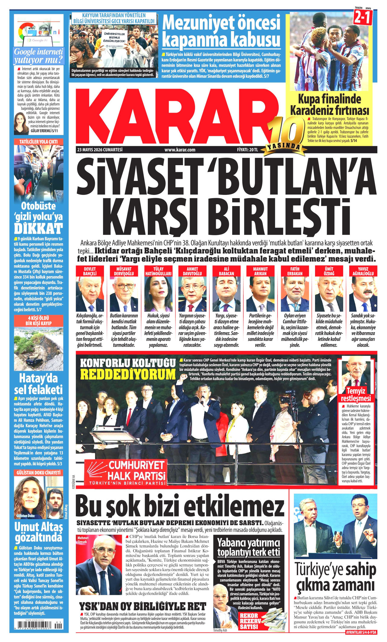 KARAR gazetesinin 23 Mayıs 2026 tarihli birinci sayfası
