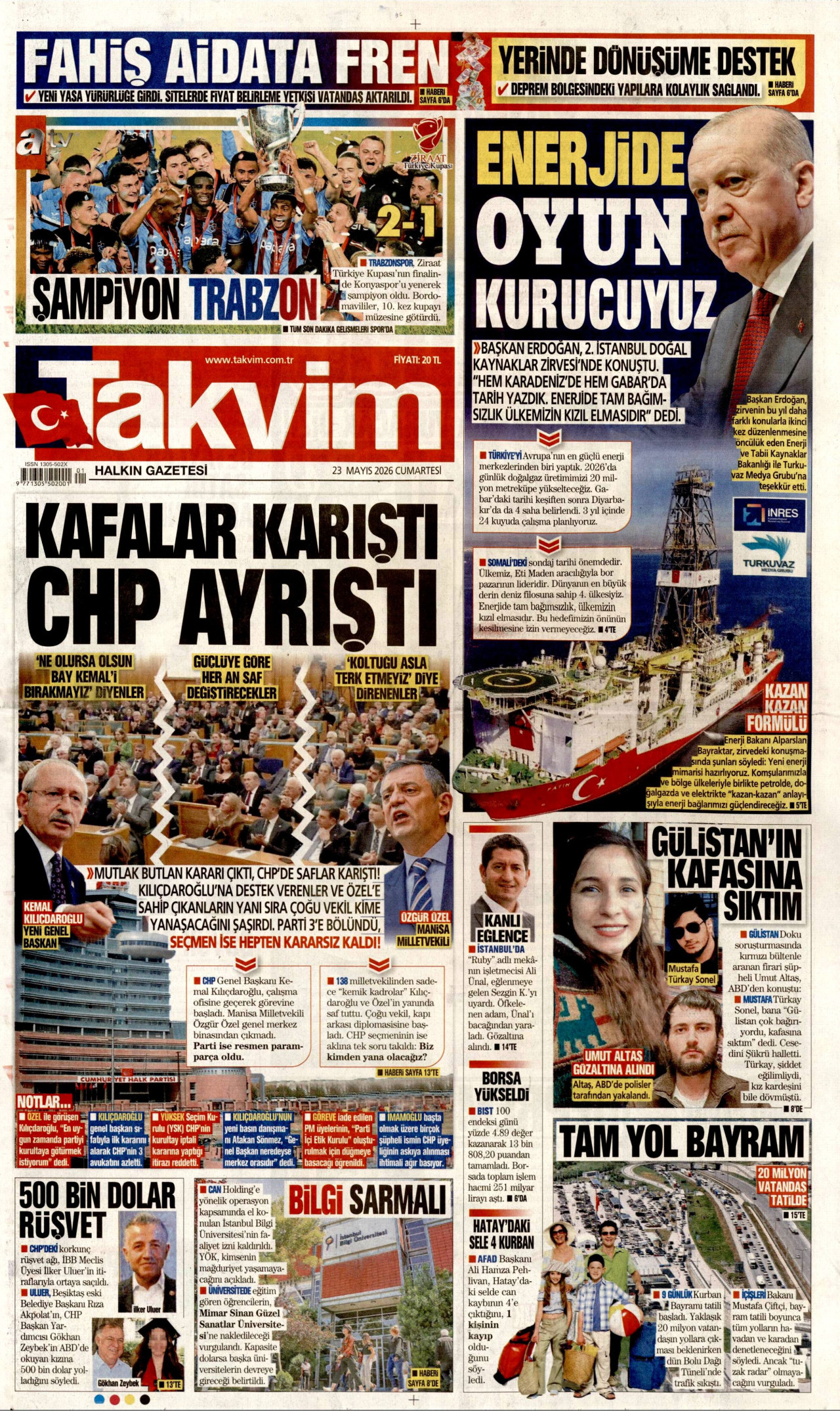 TAKVİM gazetesinin 23 Mayıs 2026 tarihli birinci sayfası
