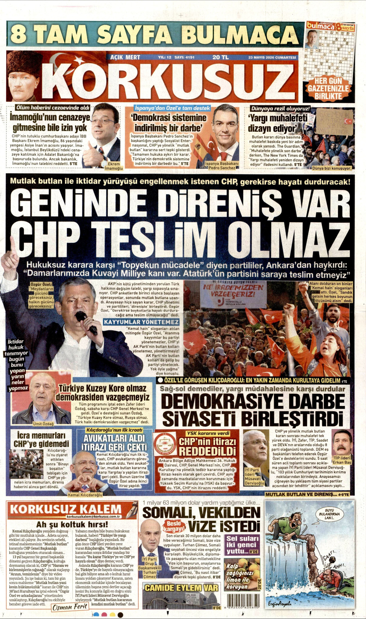 KORKUSUZ gazetesinin 23 Mayıs 2026 tarihli birinci sayfası