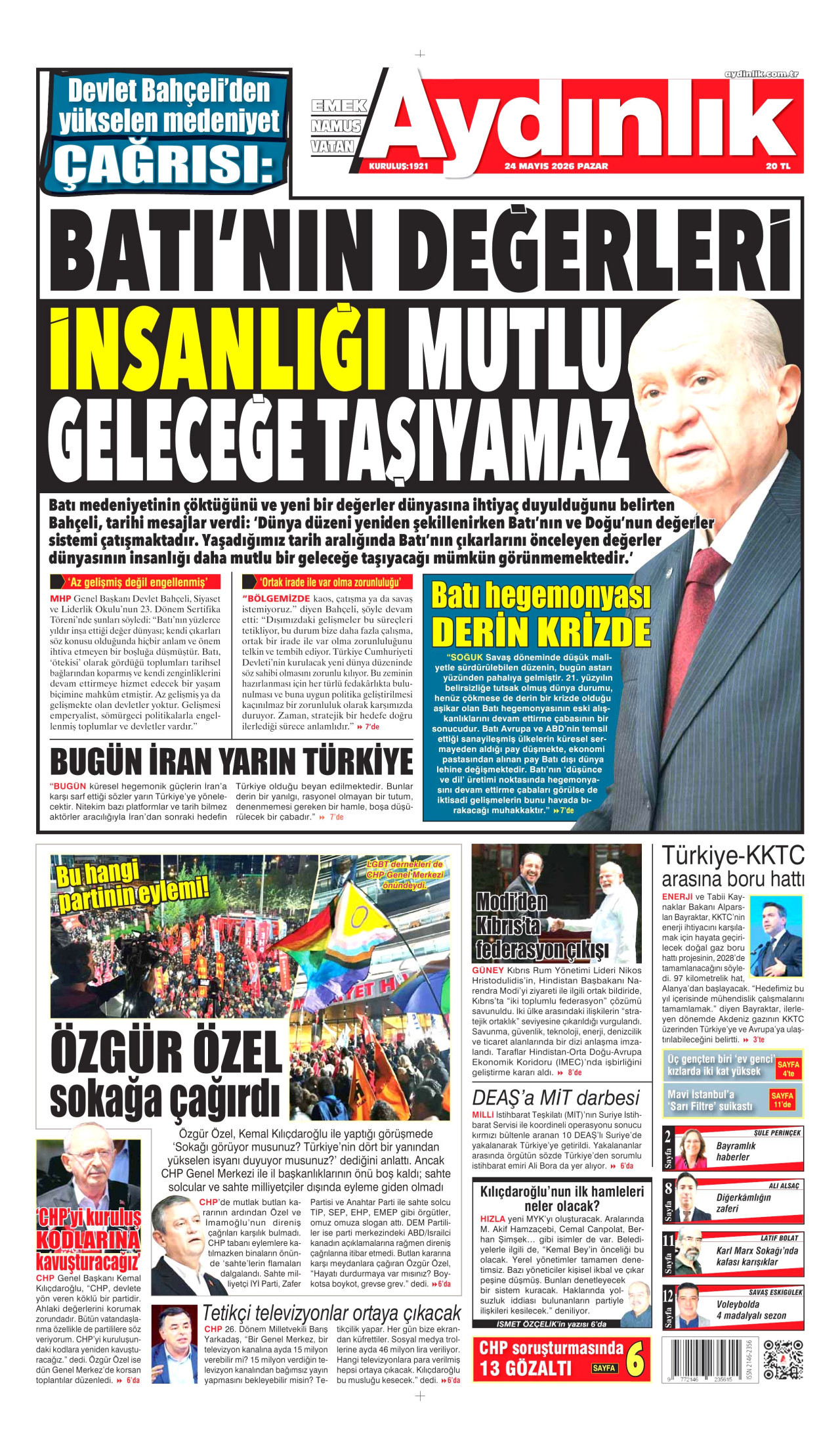 AYDINLIK GAZETESİ gazetesinin 24 Mayıs 2026 tarihli birinci sayfası