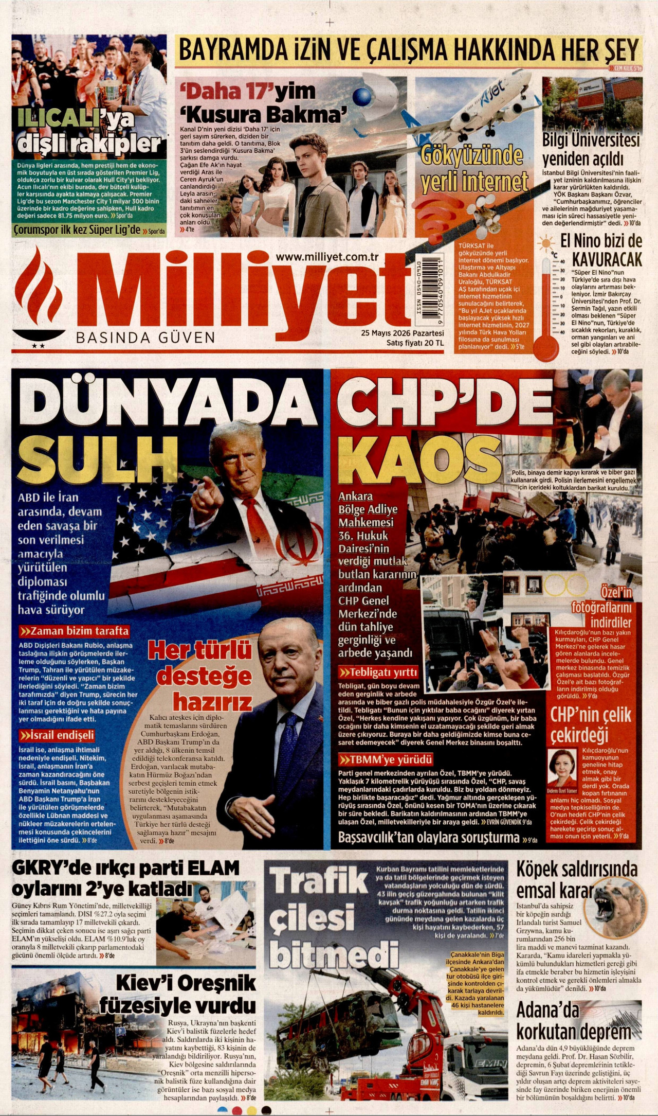 MİLLİYET gazetesinin 25 Mayıs 2026 tarihli birinci sayfası