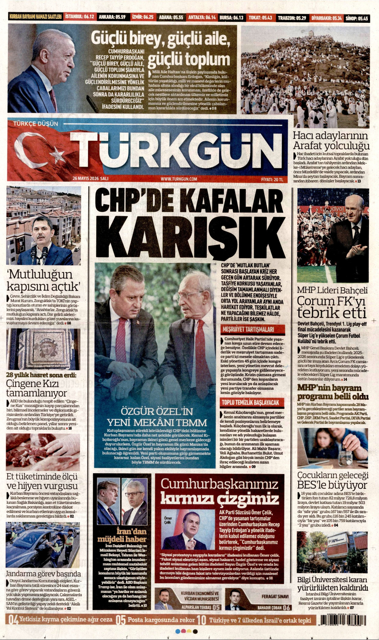 TÜRKGÜN gazetesinin 26 Mayıs 2026 tarihli birinci sayfası
