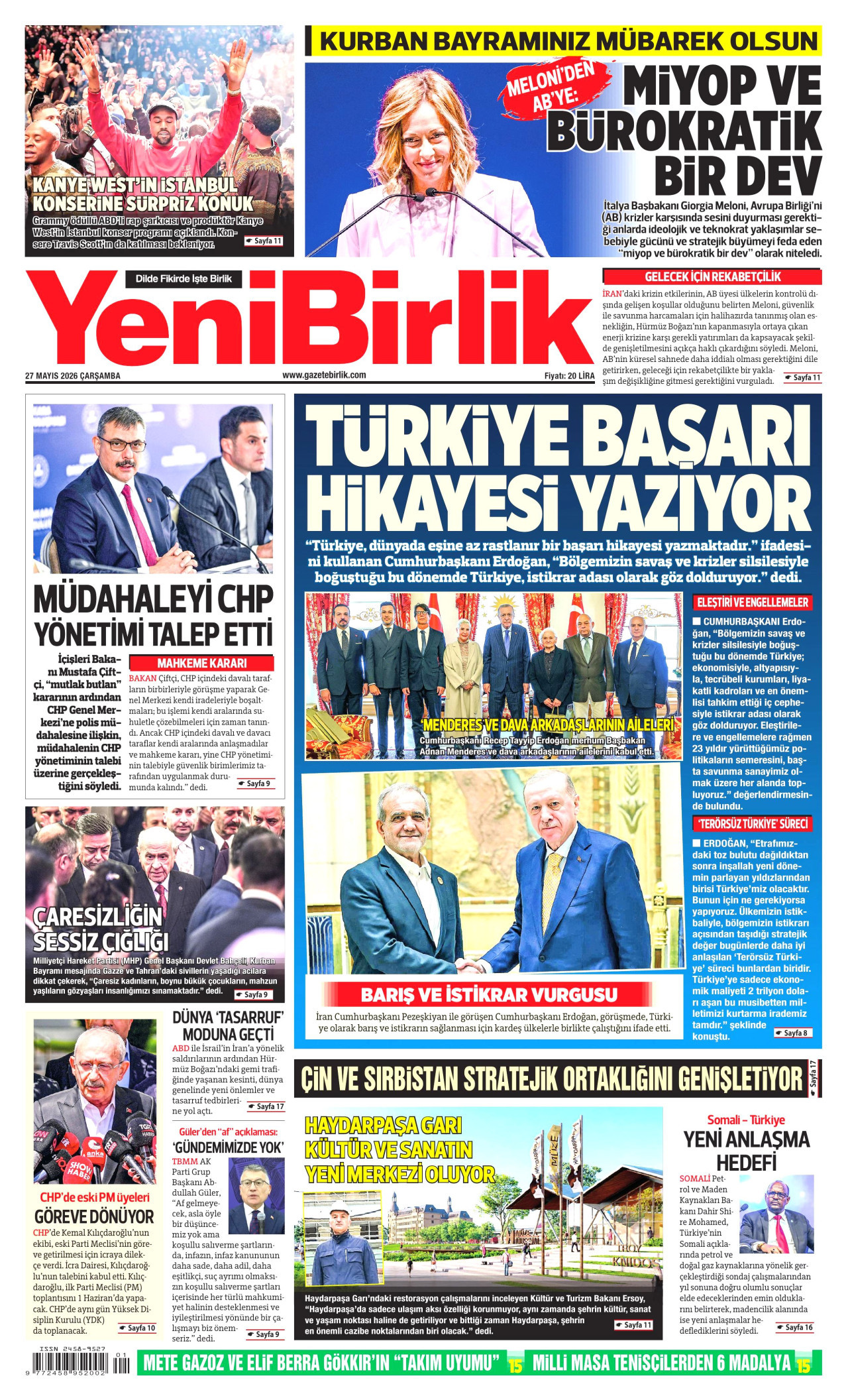 YENİBİRLİK gazetesinin 27 Mayıs 2026 tarihli birinci sayfası