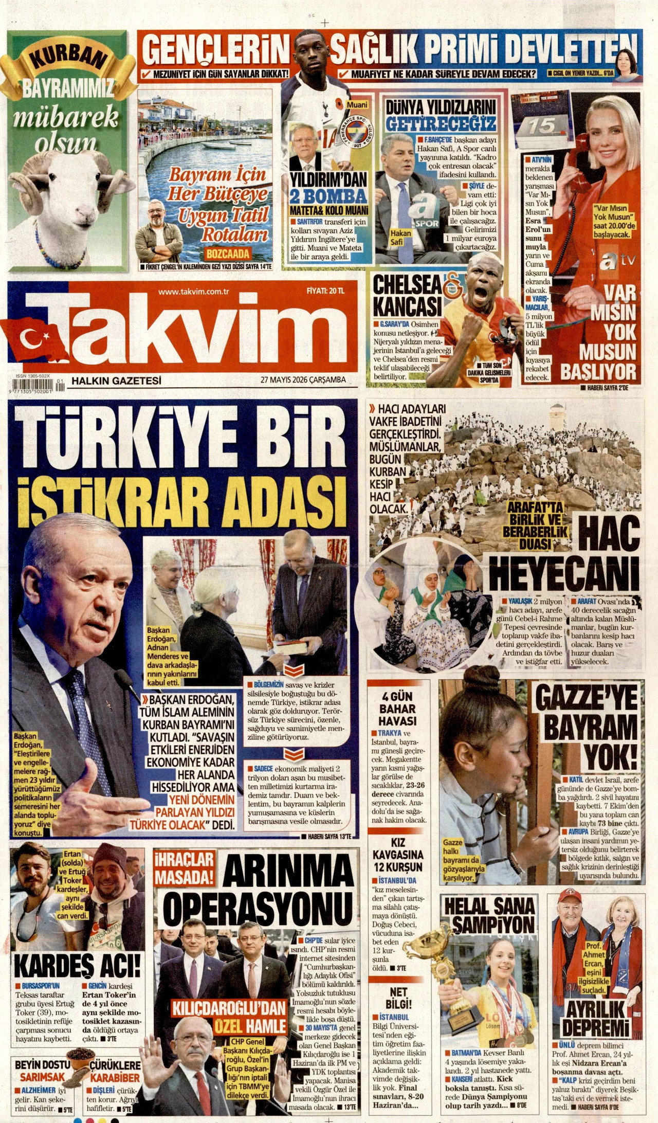 TAKVİM gazetesinin 27 Mayıs 2026 tarihli birinci sayfası