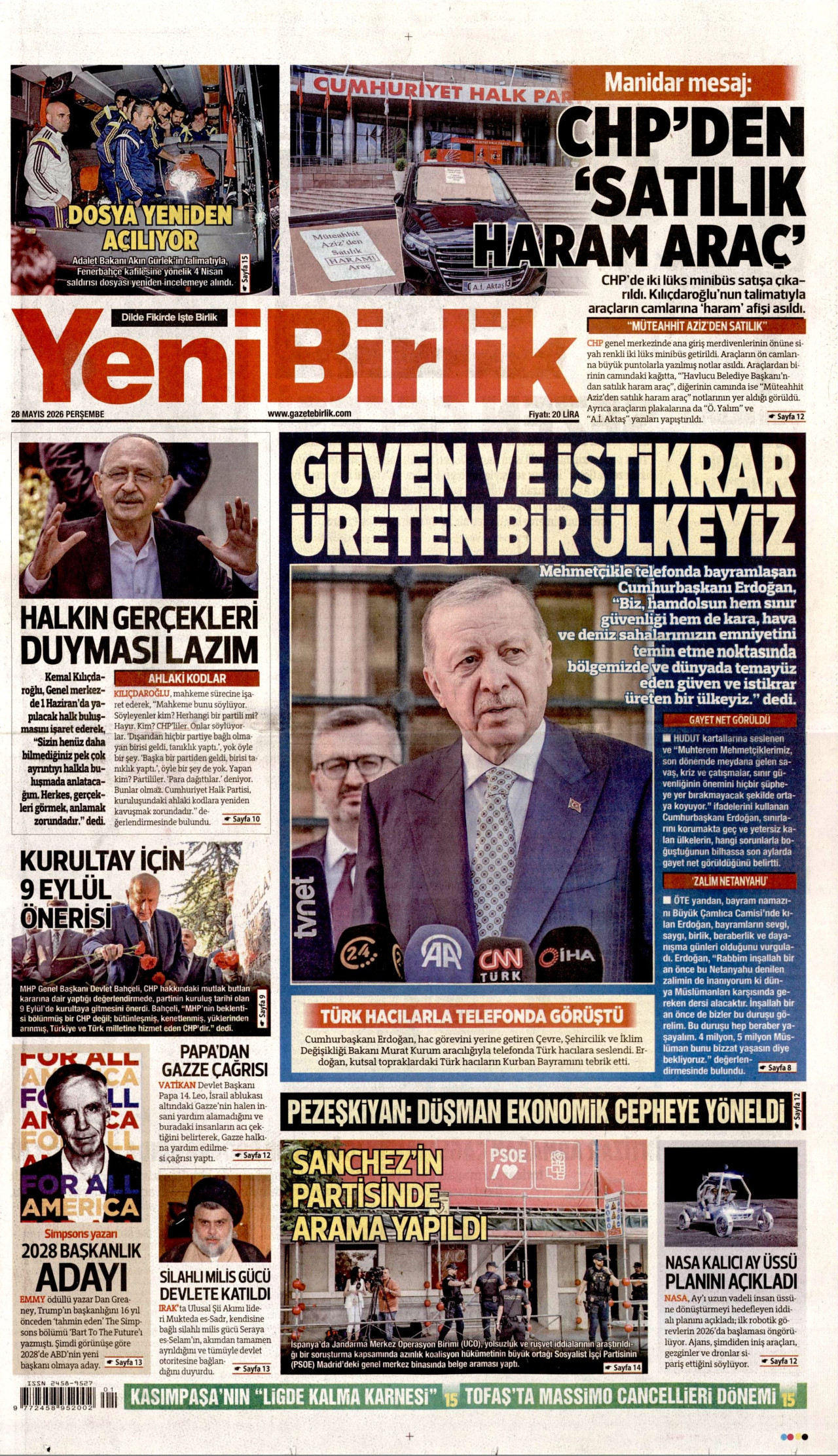 YENİBİRLİK gazetesinin 28 Mayıs 2026 tarihli birinci sayfası