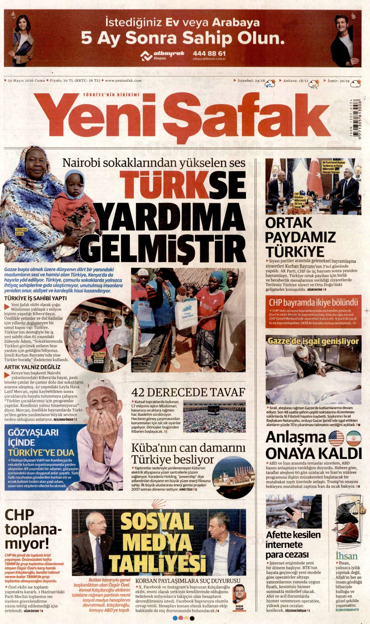 YENİ ŞAFAK gazetesinin 29 Mayıs 2026 tarihli birinci sayfası