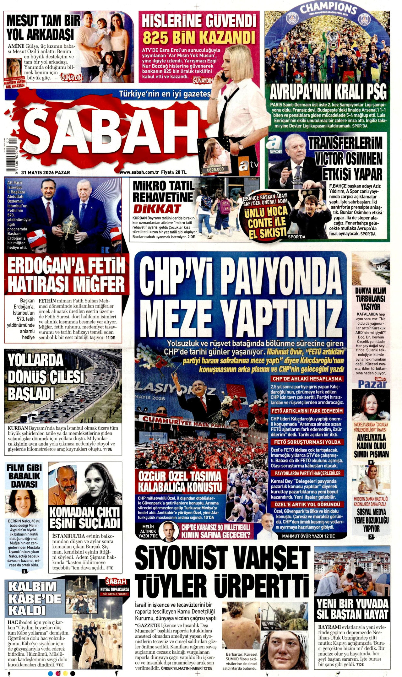 SABAH gazetesinin 31 Mayıs 2026 tarihli birinci sayfası