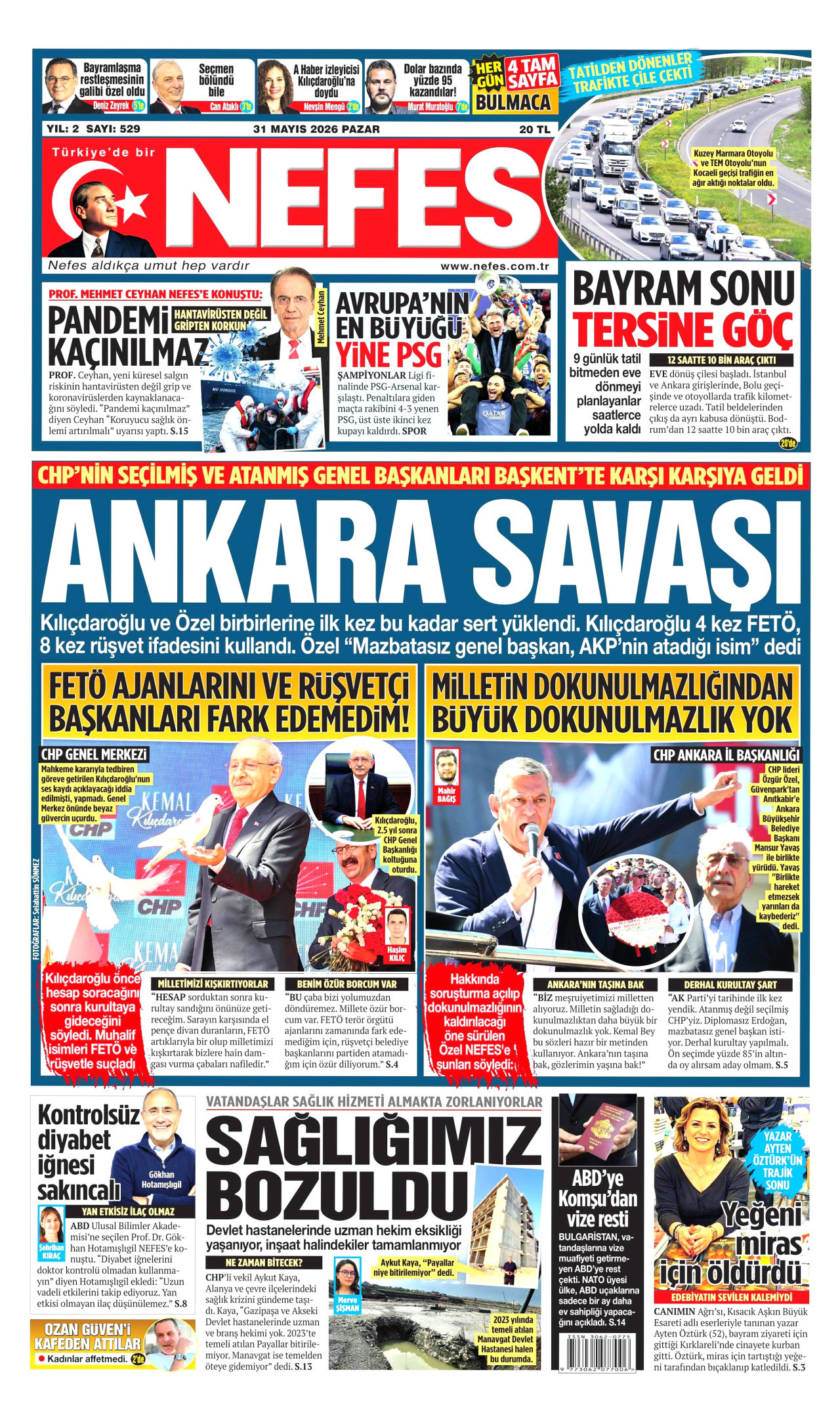 NEFES gazetesinin 31 Mayıs 2026 tarihli birinci sayfası