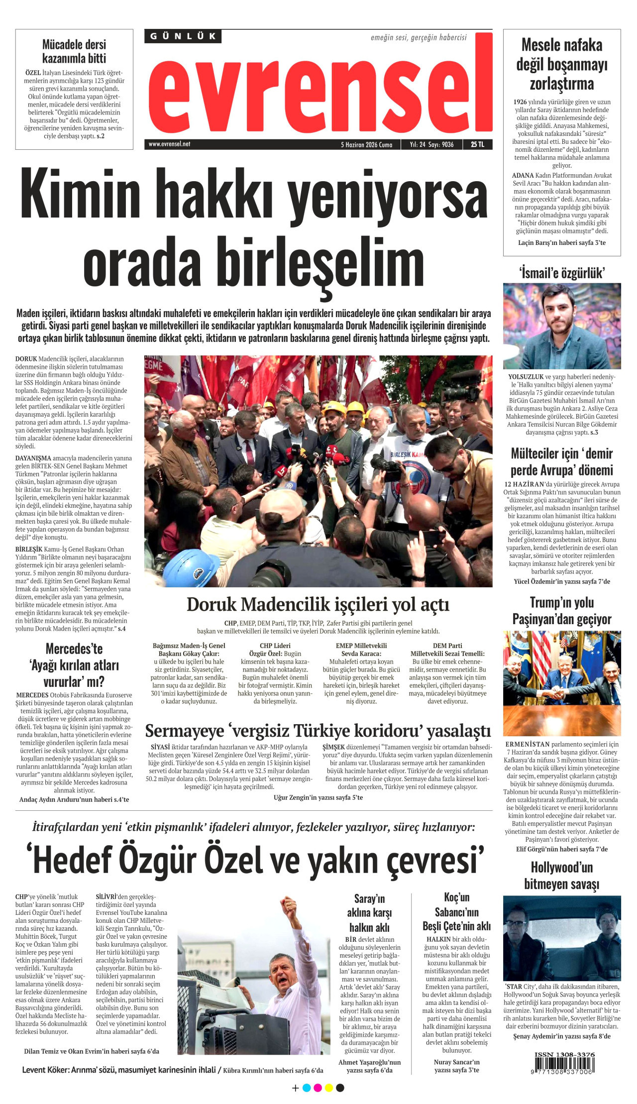 EVRENSEL gazetesinin 5 Haziran 2026 tarihli birinci sayfası
