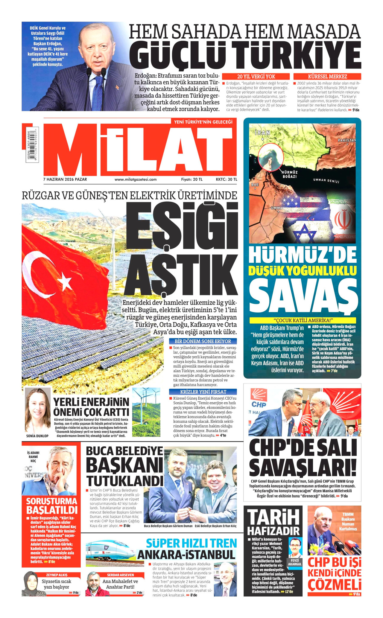 MİLAT gazetesinin 7 Haziran 2026 tarihli birinci sayfası