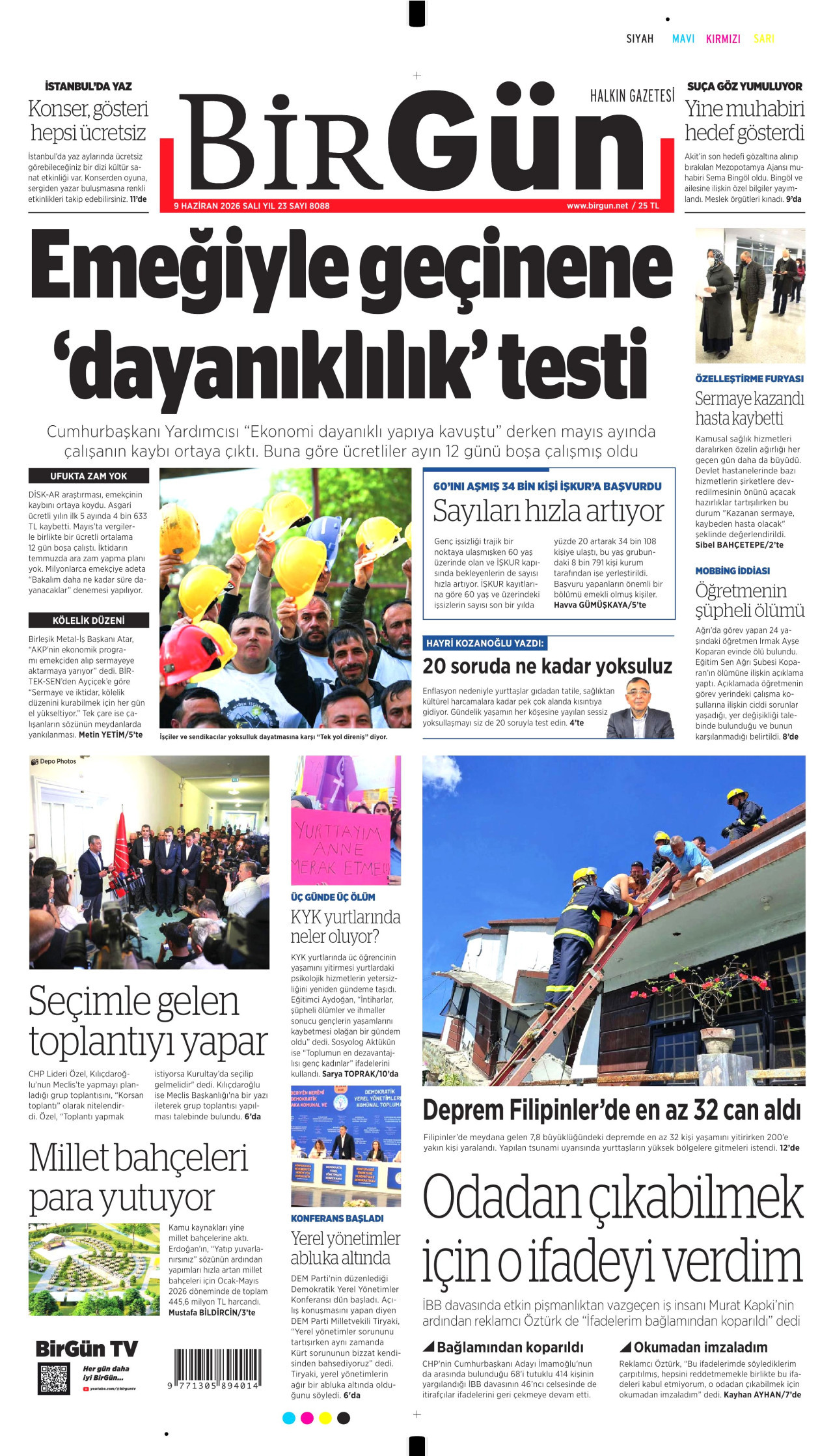 BİRGÜN gazetesinin 9 Haziran 2026 tarihli birinci sayfası