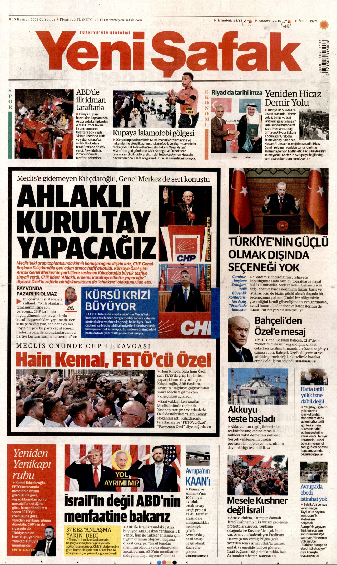 YENİ ŞAFAK gazetesinin 10 Haziran 2026 tarihli birinci sayfası