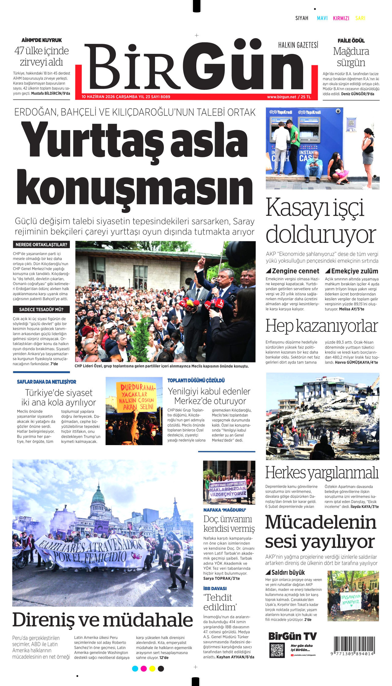 BİRGÜN gazetesinin 10 Haziran 2026 tarihli birinci sayfası