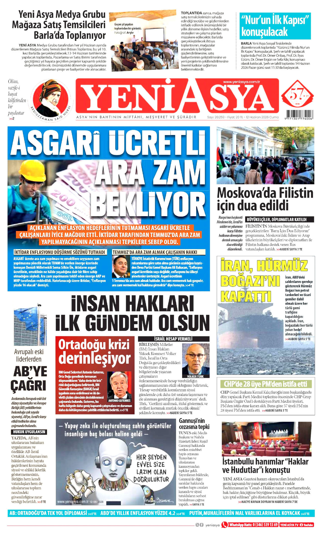 YENİ ASYA gazetesinin 12 Haziran 2026 tarihli birinci sayfası