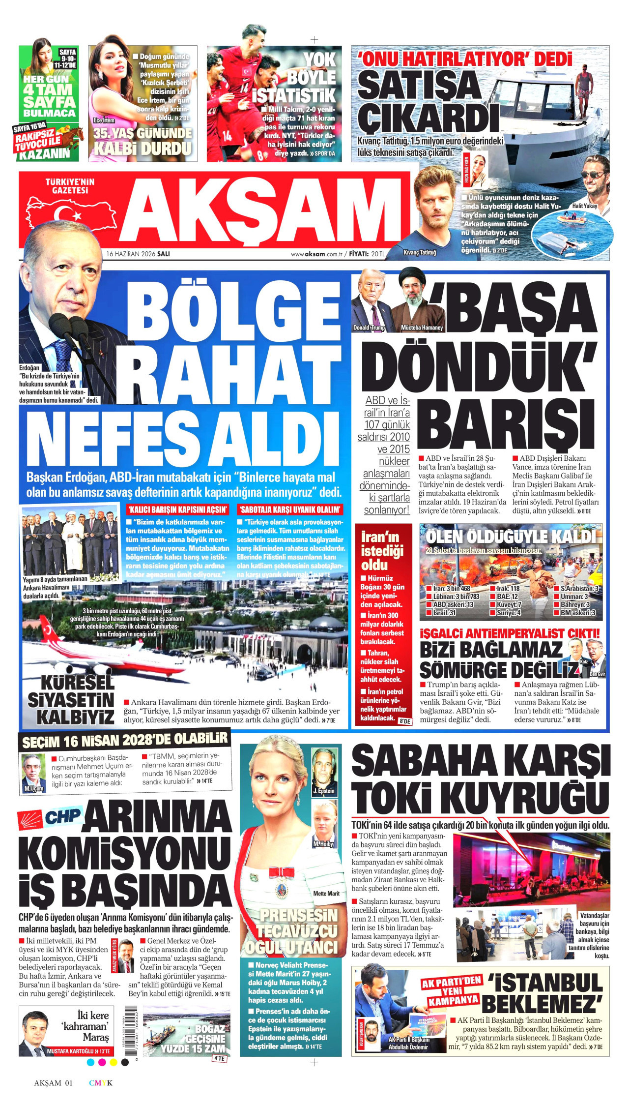 AKŞAM gazetesinin 16 Haziran 2026 tarihli birinci sayfası