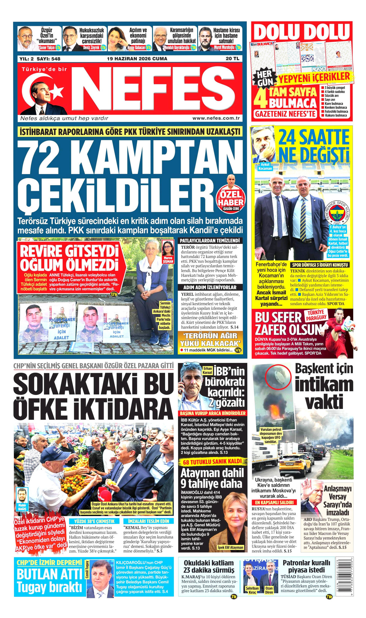 NEFES gazetesinin 19 Haziran 2026 tarihli birinci sayfası