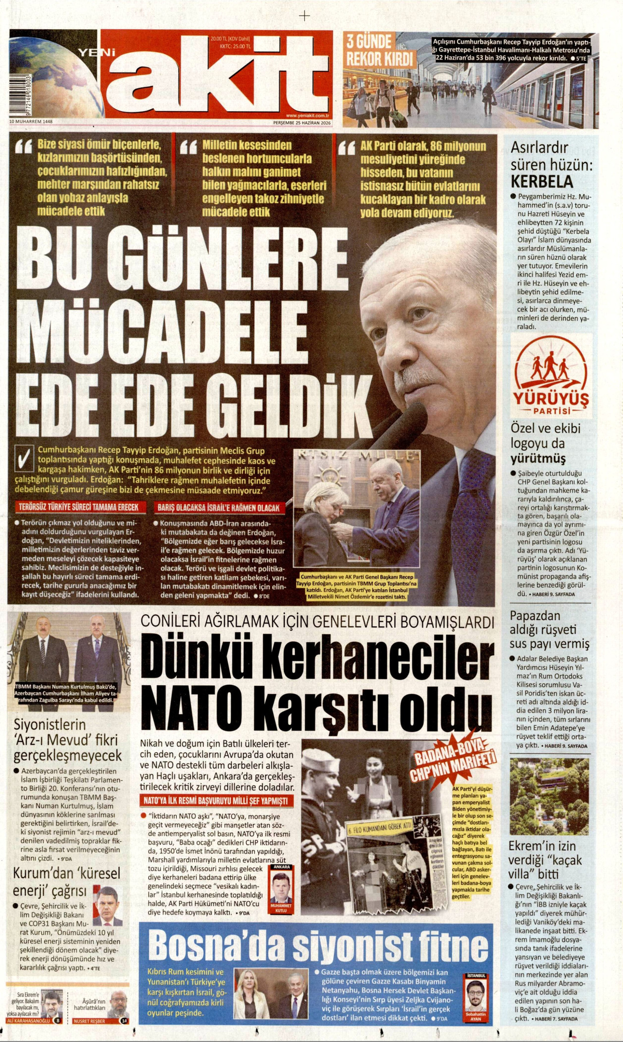 YENİ AKİT gazetesinin 25 Haziran 2026 tarihli birinci sayfası