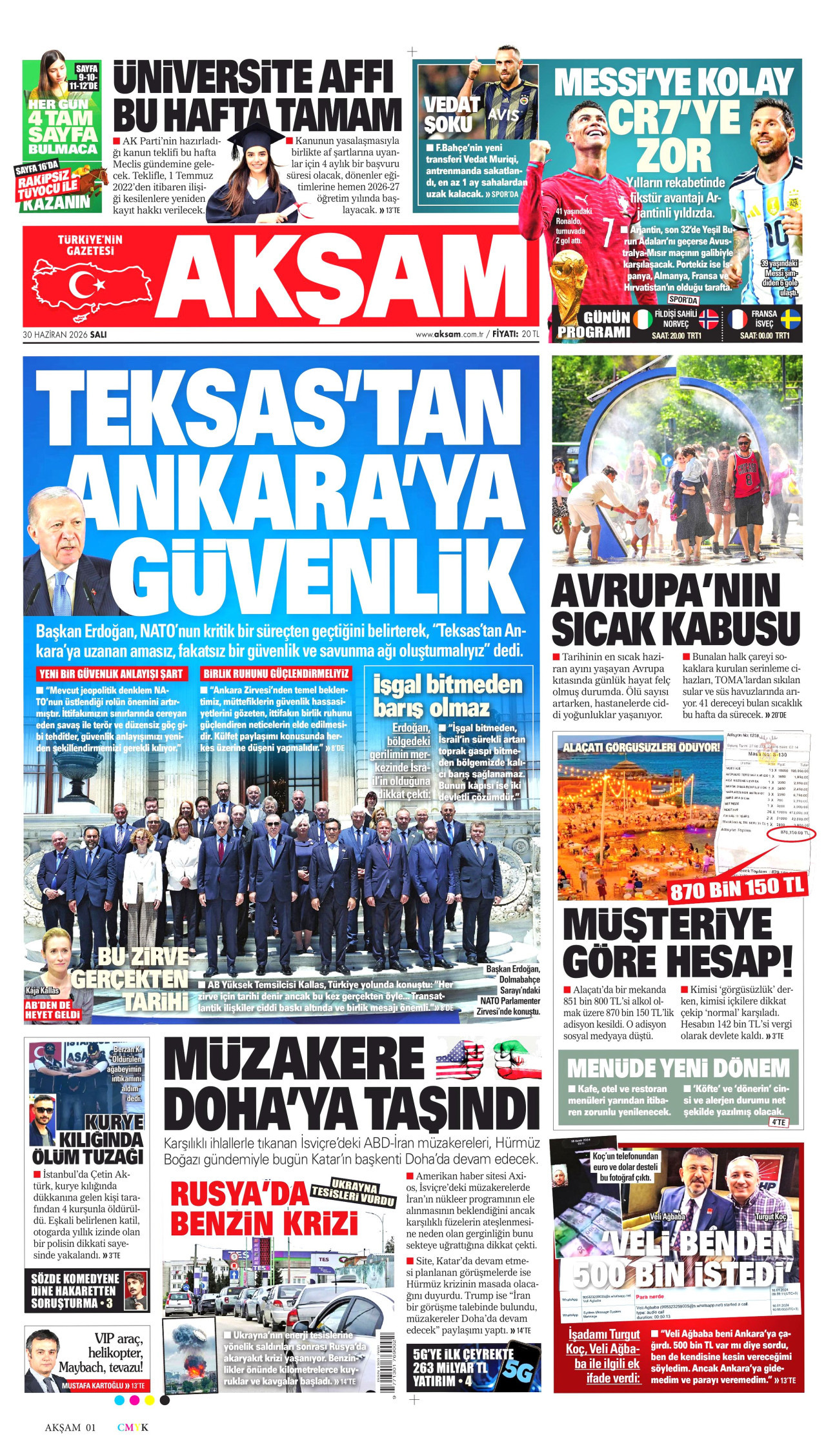 AKŞAM gazetesinin 30 Haziran 2026 tarihli birinci sayfası