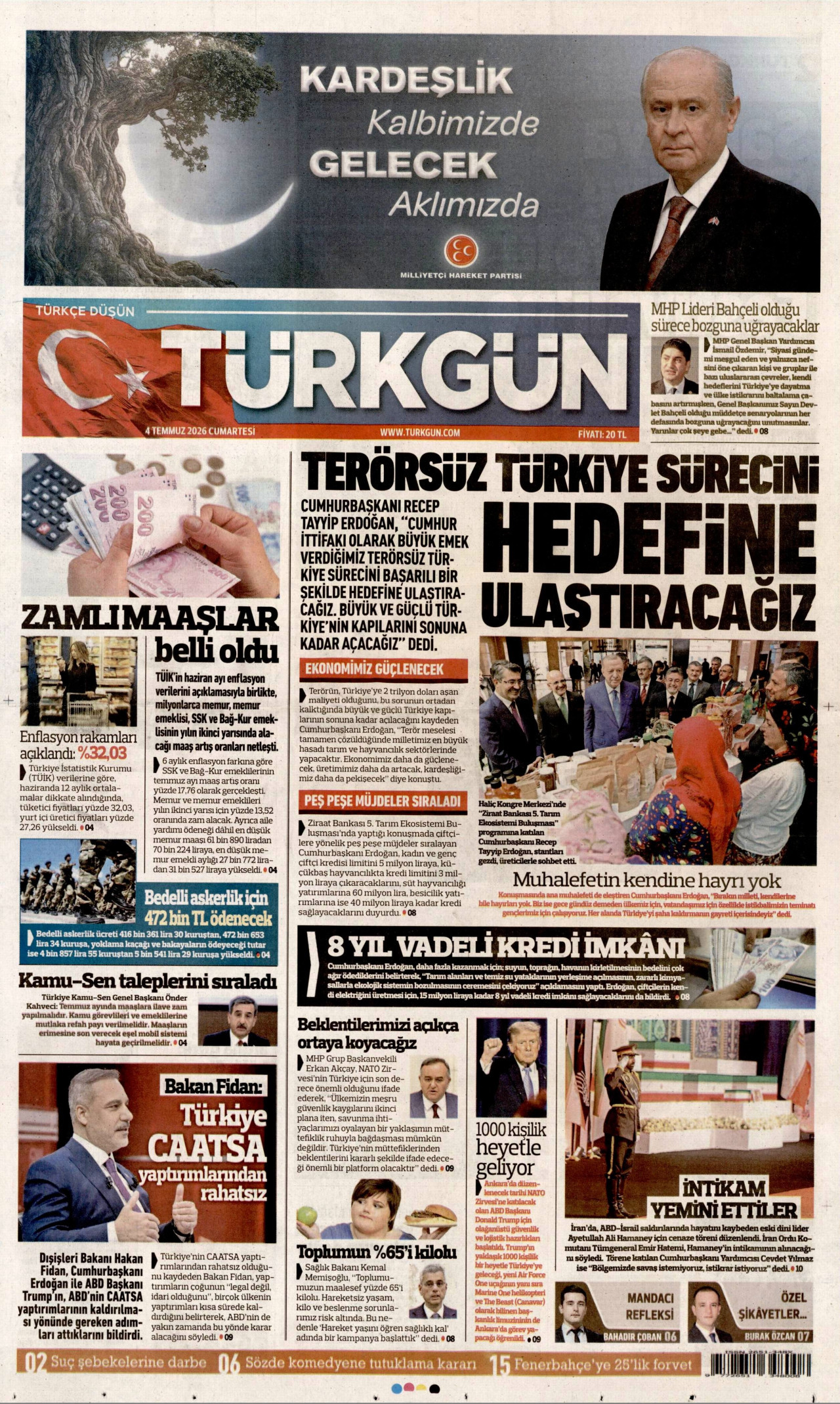 TÜRKGÜN gazetesinin 4 Temmuz 2026 tarihli birinci sayfası