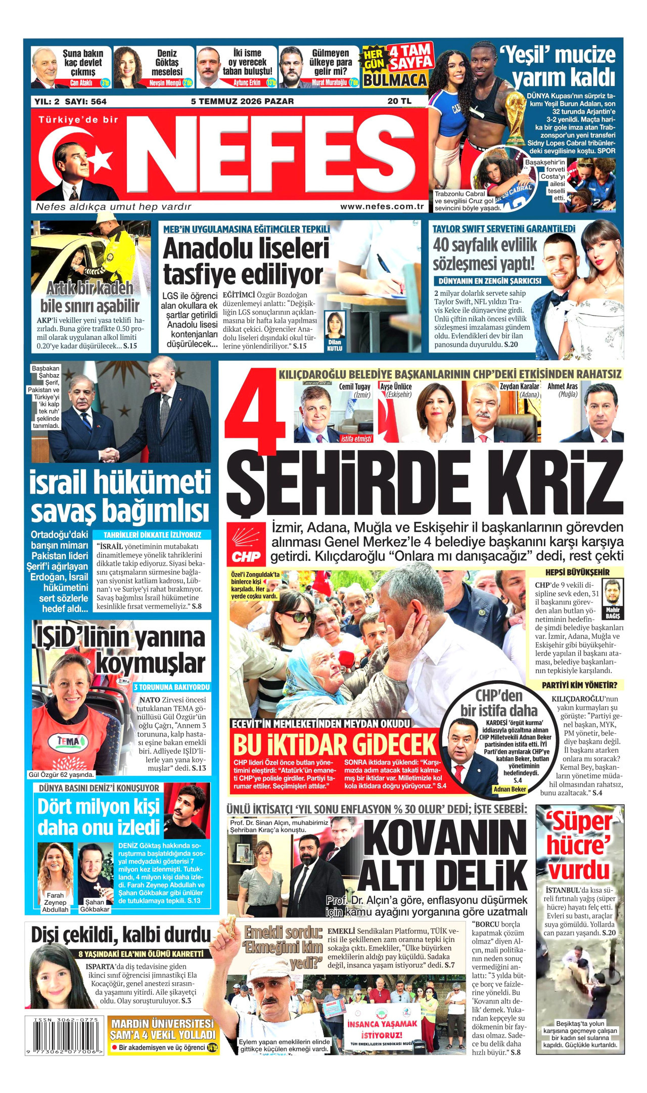 NEFES gazetesinin 5 Temmuz 2026 tarihli birinci sayfası