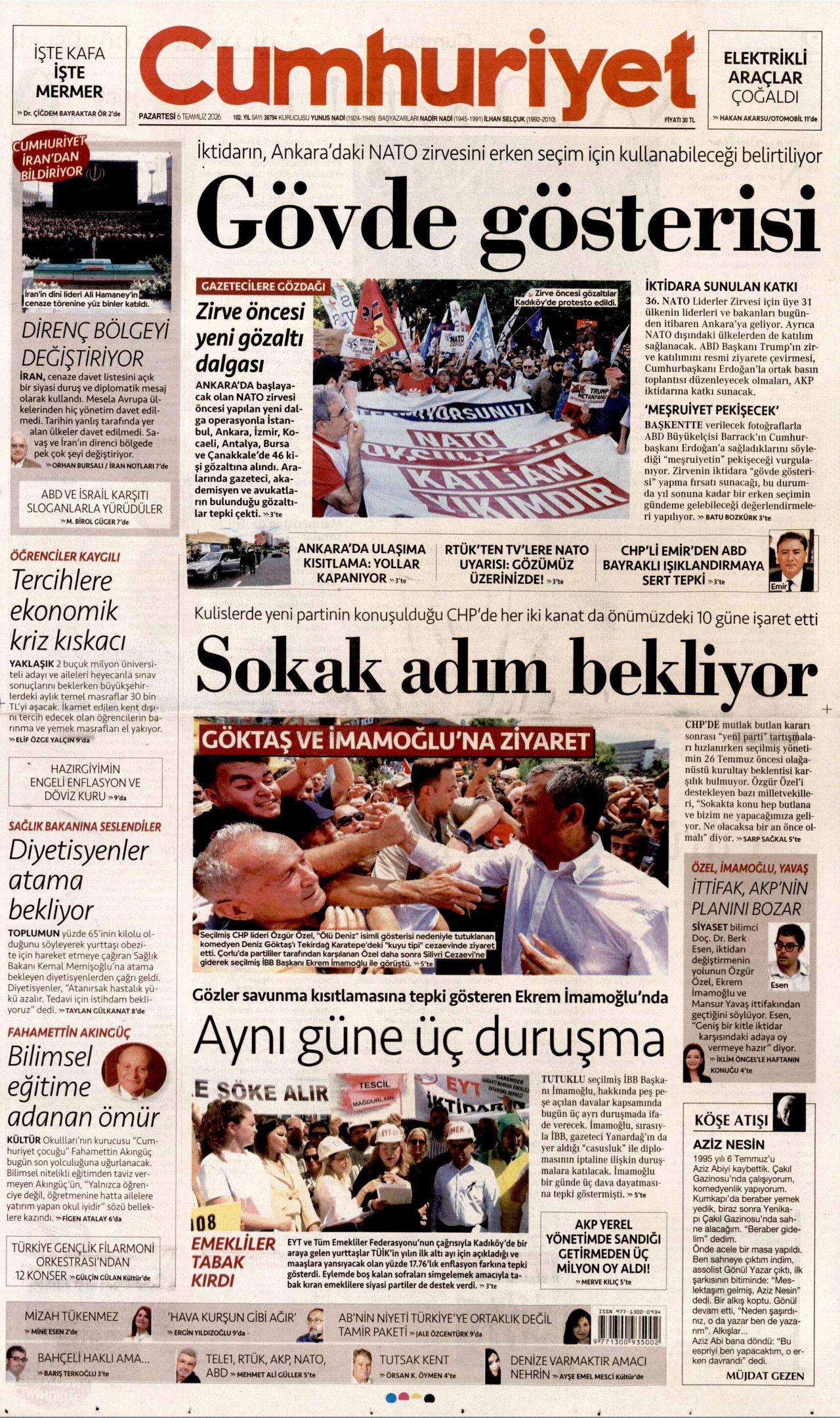 CUMHURİYET gazetesinin 6 Temmuz 2026 tarihli birinci sayfası
