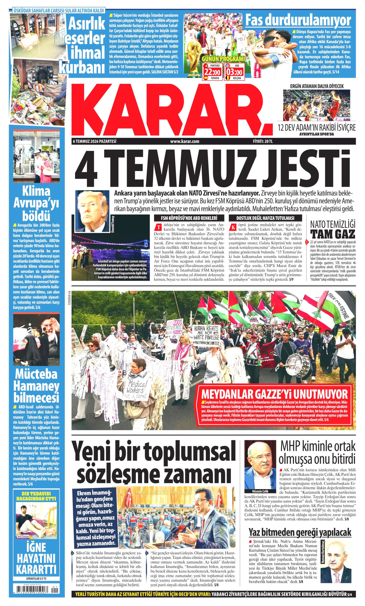 KARAR gazetesinin 6 Temmuz 2026 tarihli birinci sayfası