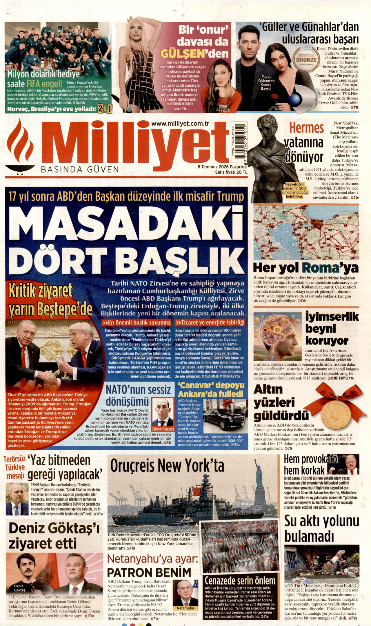 MİLLİYET gazetesinin 6 Temmuz 2026 tarihli birinci sayfası