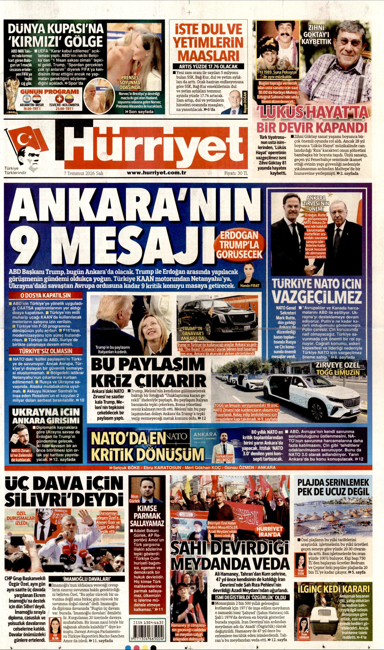 HÜRRİYET gazetesinin 7 Temmuz 2026 tarihli birinci sayfası