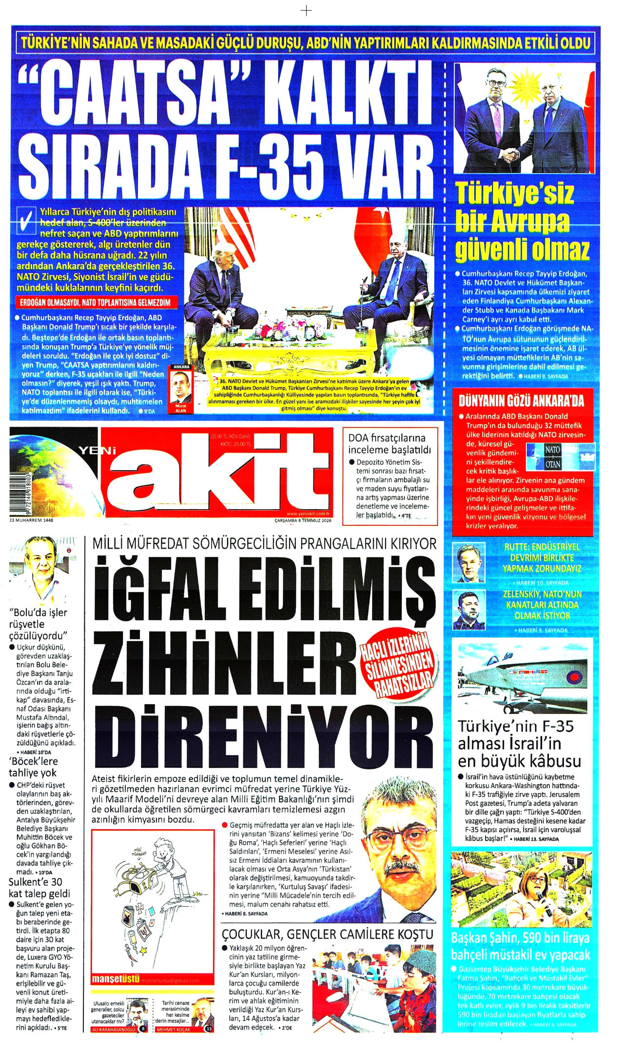 YENİ AKİT gazetesinin 8 Temmuz 2026 tarihli birinci sayfası
