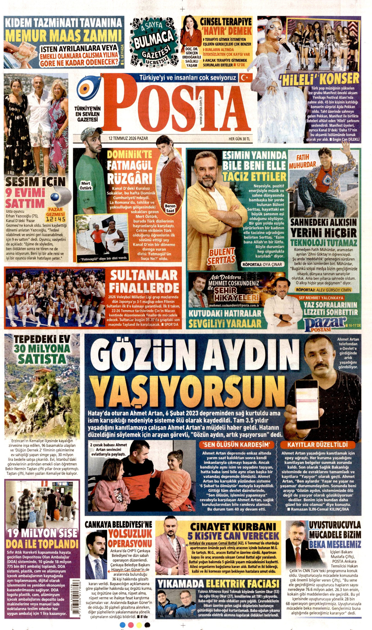 POSTA gazetesinin 12 Temmuz 2026 tarihli birinci sayfası