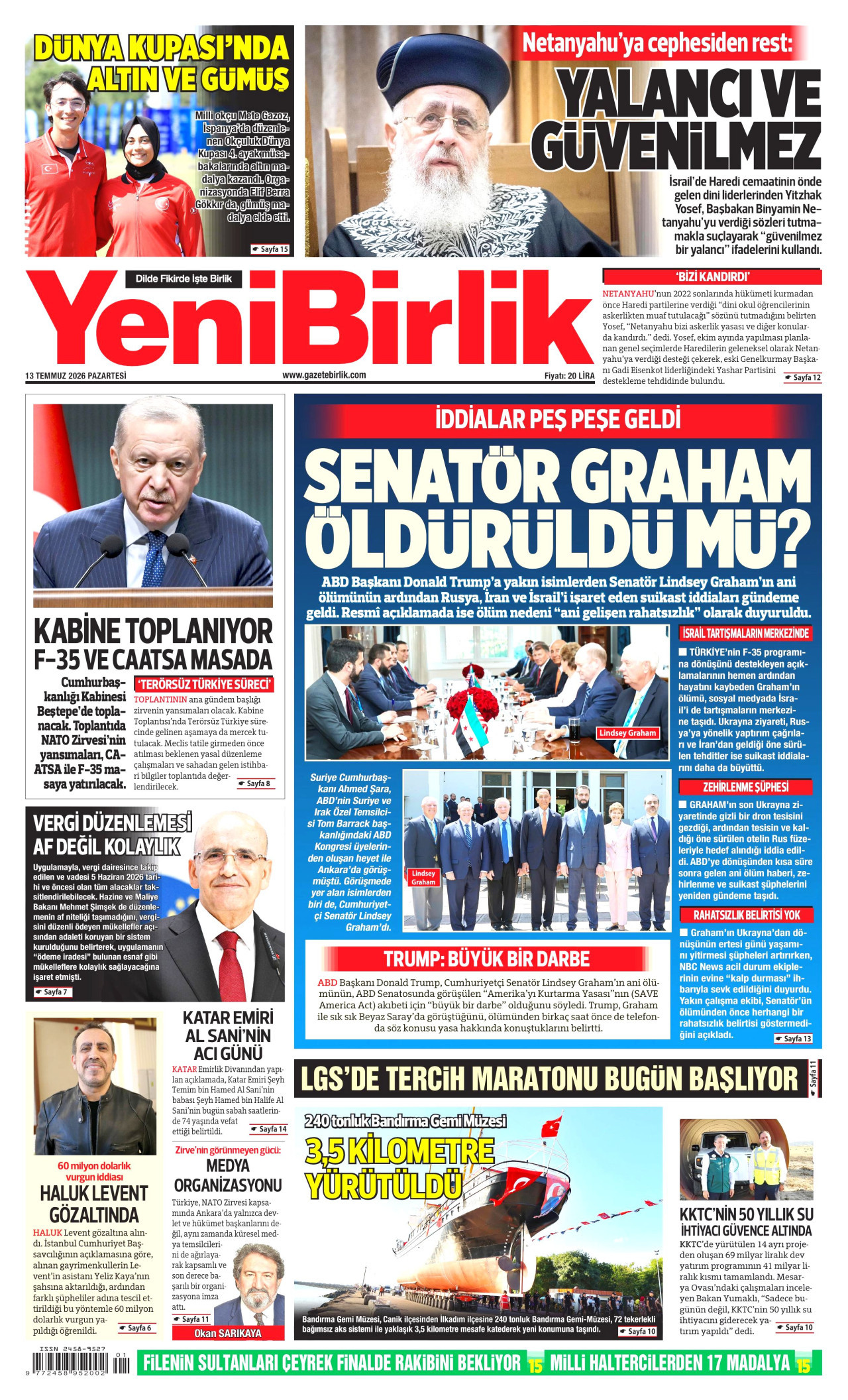 YENİBİRLİK gazetesinin 13 Temmuz 2026 tarihli birinci sayfası