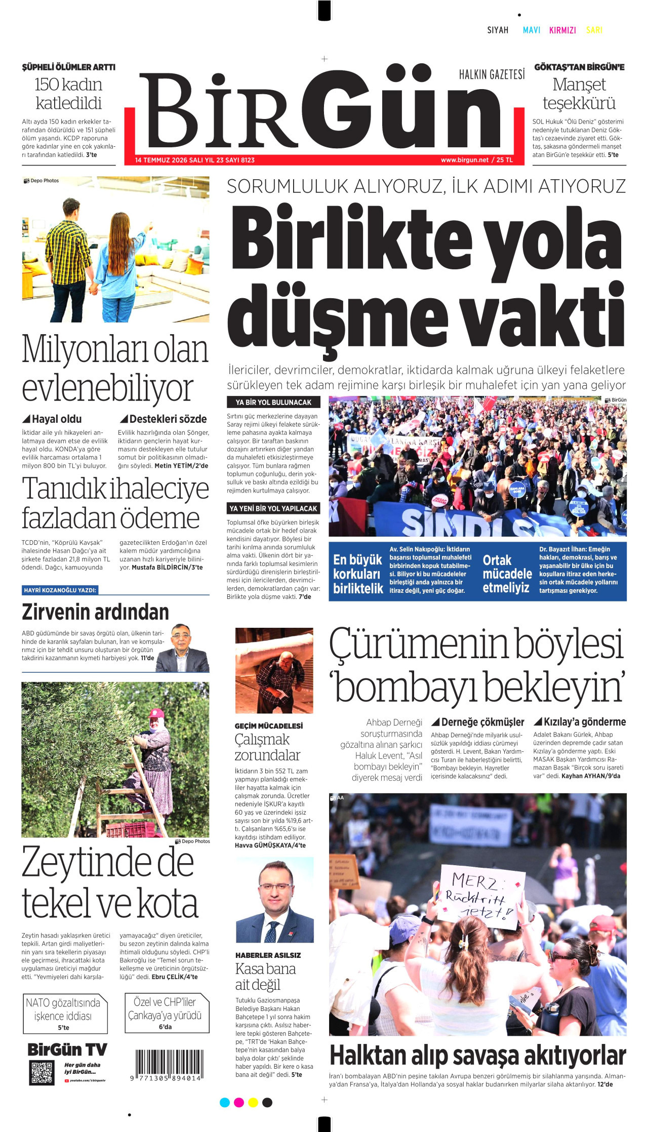 BİRGÜN gazetesinin 14 Temmuz 2026 tarihli birinci sayfası