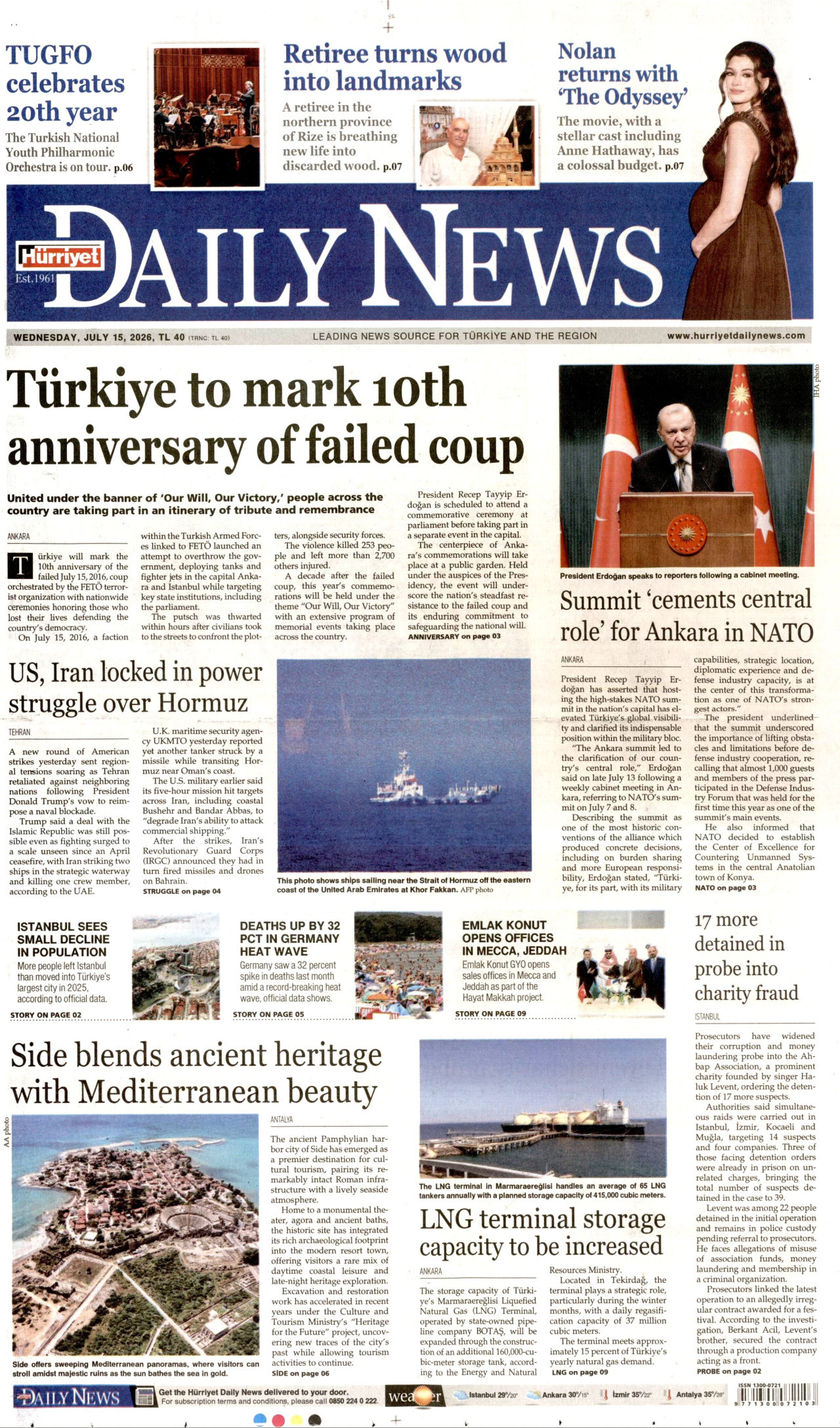HÜRRİYET DAİLY NEWS gazetesinin 15 Temmuz 2026 tarihli birinci sayfası