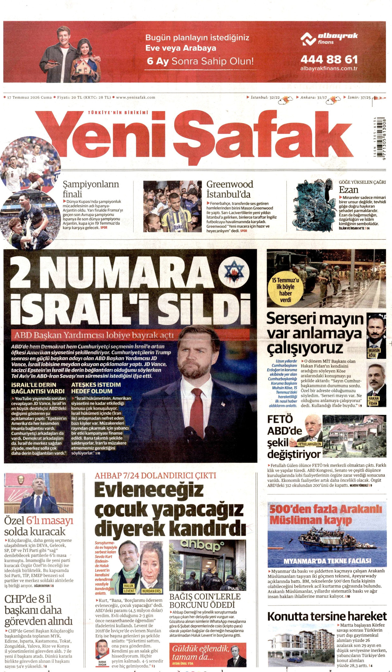 YENİ ŞAFAK gazetesinin 17 Temmuz 2026 tarihli birinci sayfası