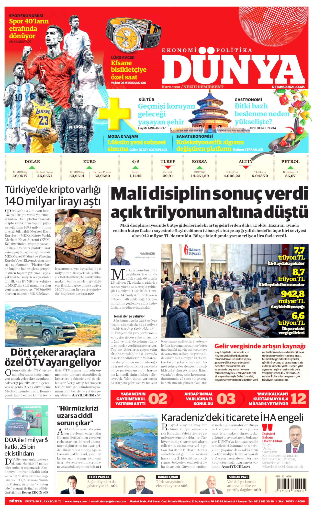 DÜNYA gazetesinin 17 Temmuz 2026 tarihli birinci sayfası