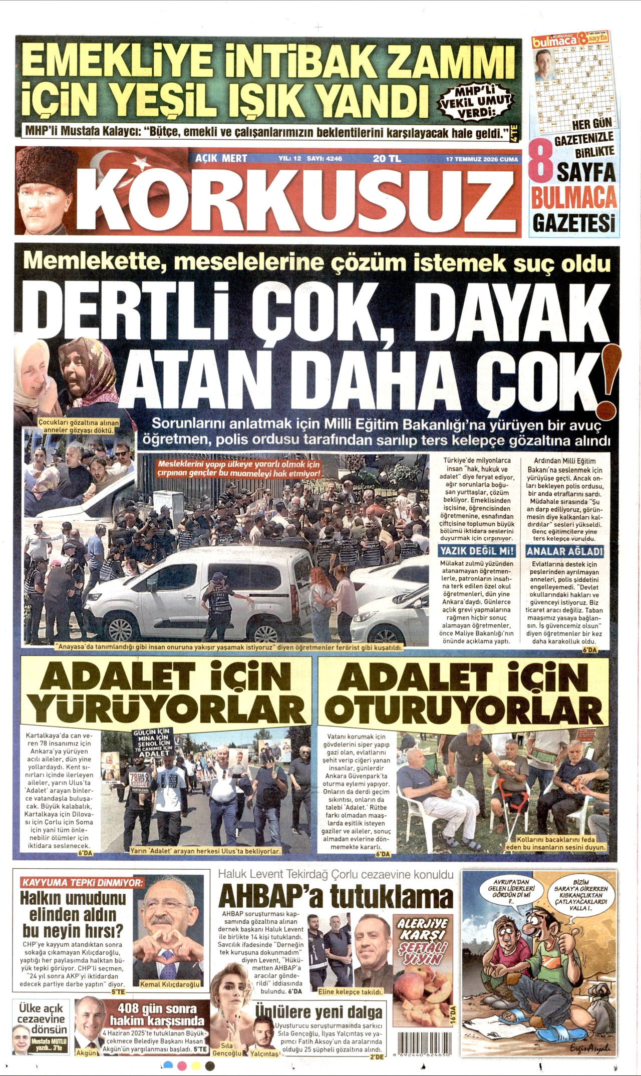 KORKUSUZ gazetesinin 17 Temmuz 2026 tarihli birinci sayfası