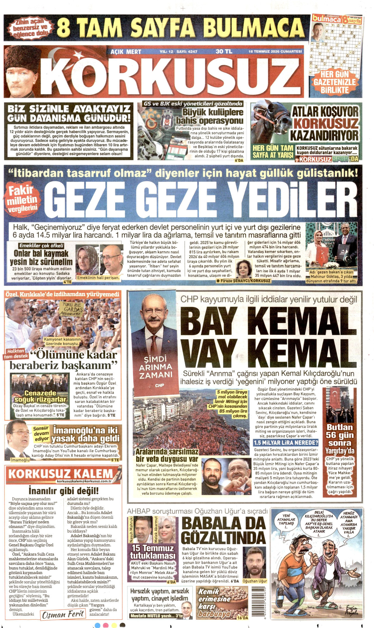 KORKUSUZ gazetesinin 18 Temmuz 2026 tarihli birinci sayfası