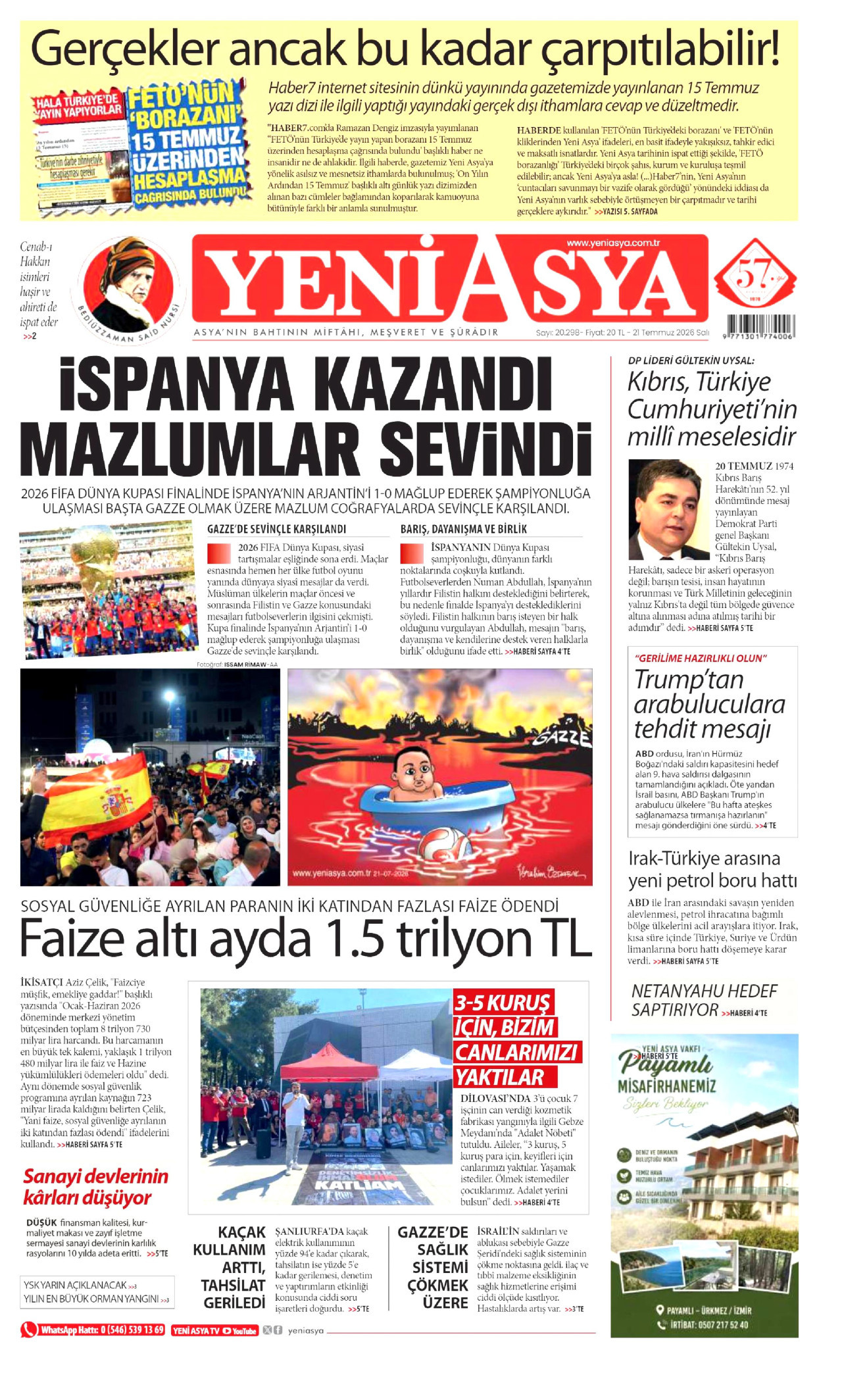 YENİ ASYA gazetesinin 21 Temmuz 2026 tarihli birinci sayfası