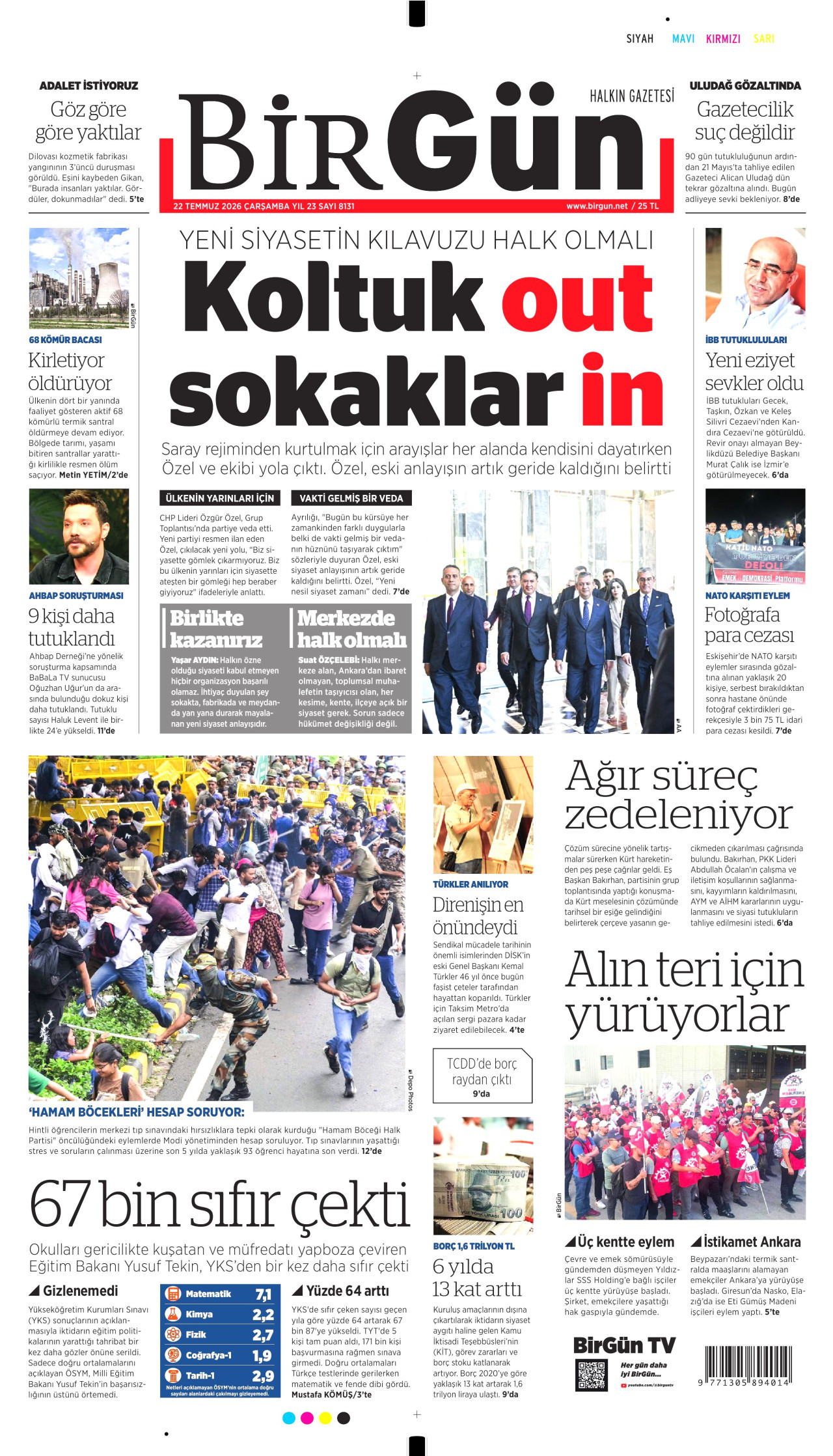 BİRGÜN gazetesinin 22 Temmuz 2026 tarihli birinci sayfası