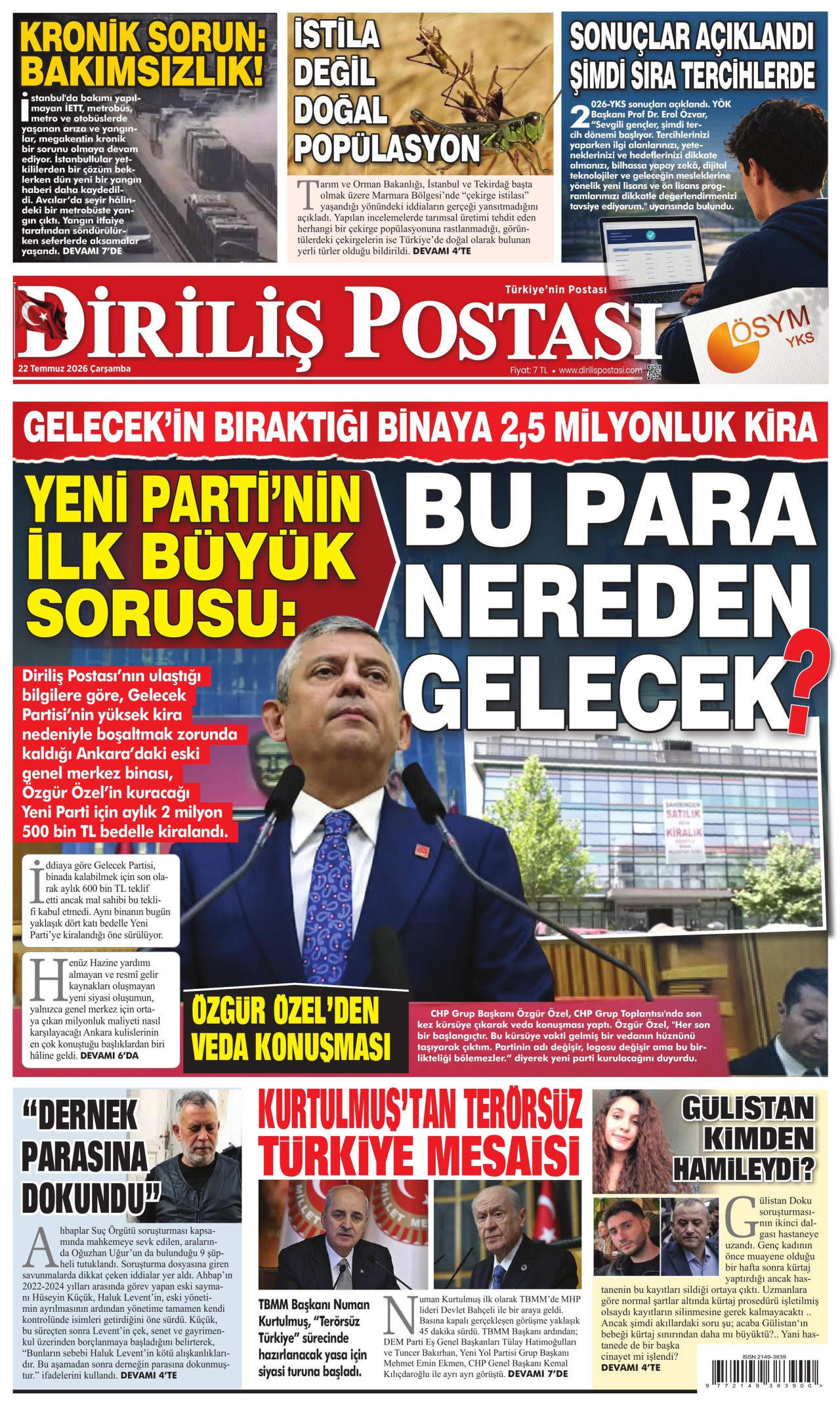 DİRİLİŞ POSTASI gazetesinin 22 Temmuz 2026 tarihli birinci sayfası