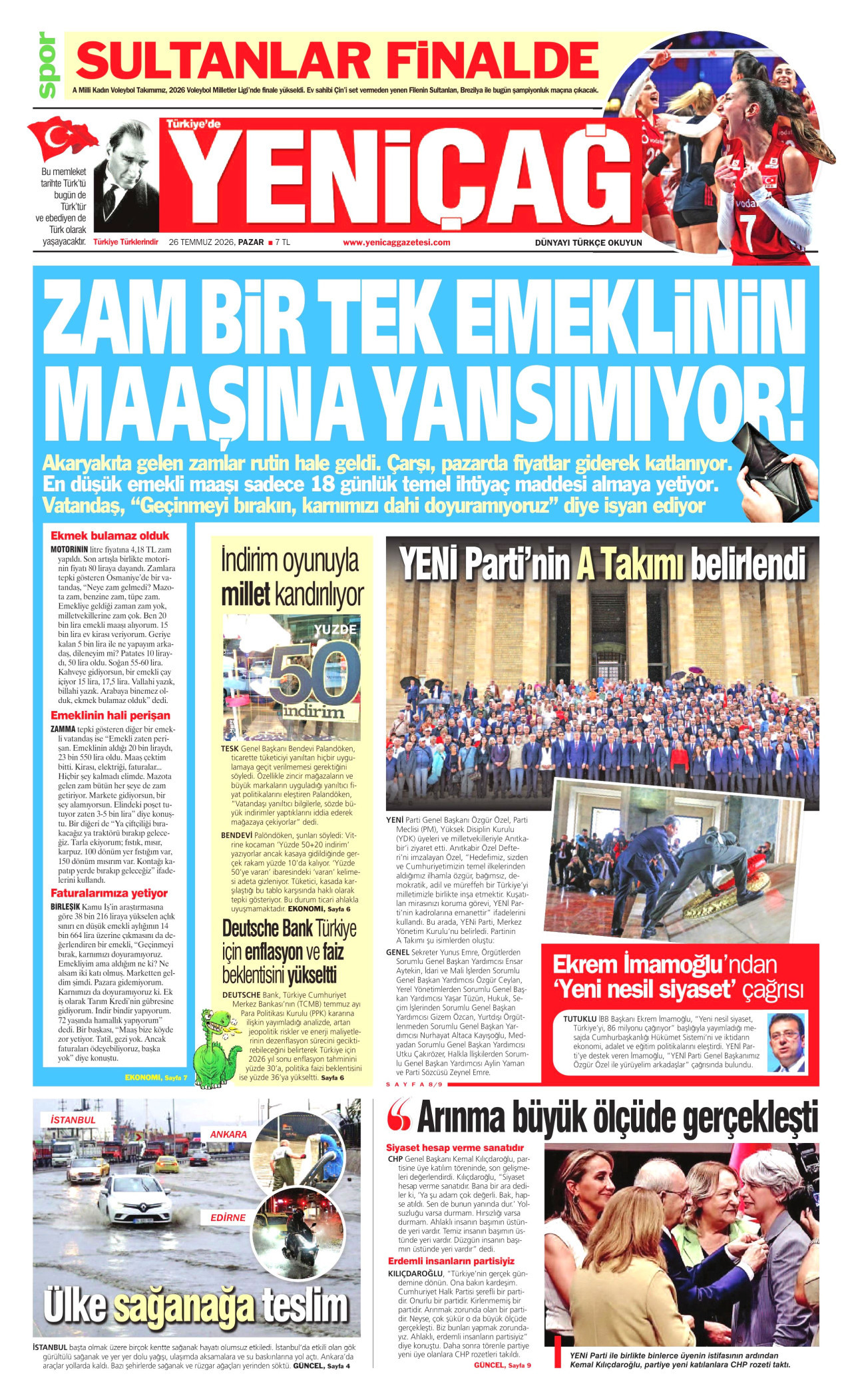 YENİÇAĞ gazetesinin 26 Temmuz 2026 tarihli birinci sayfası