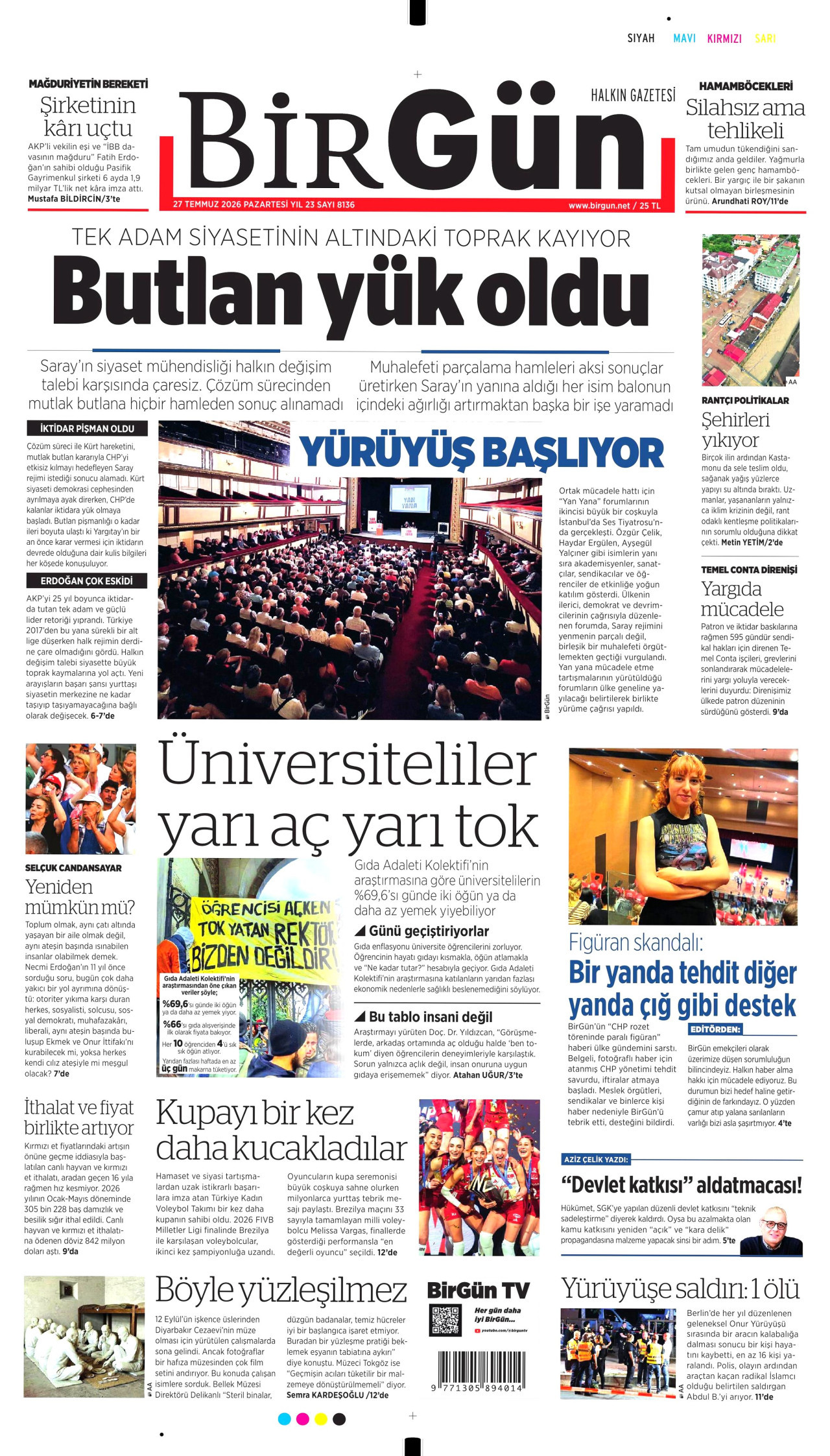 BİRGÜN gazetesinin 27 Temmuz 2026 tarihli birinci sayfası