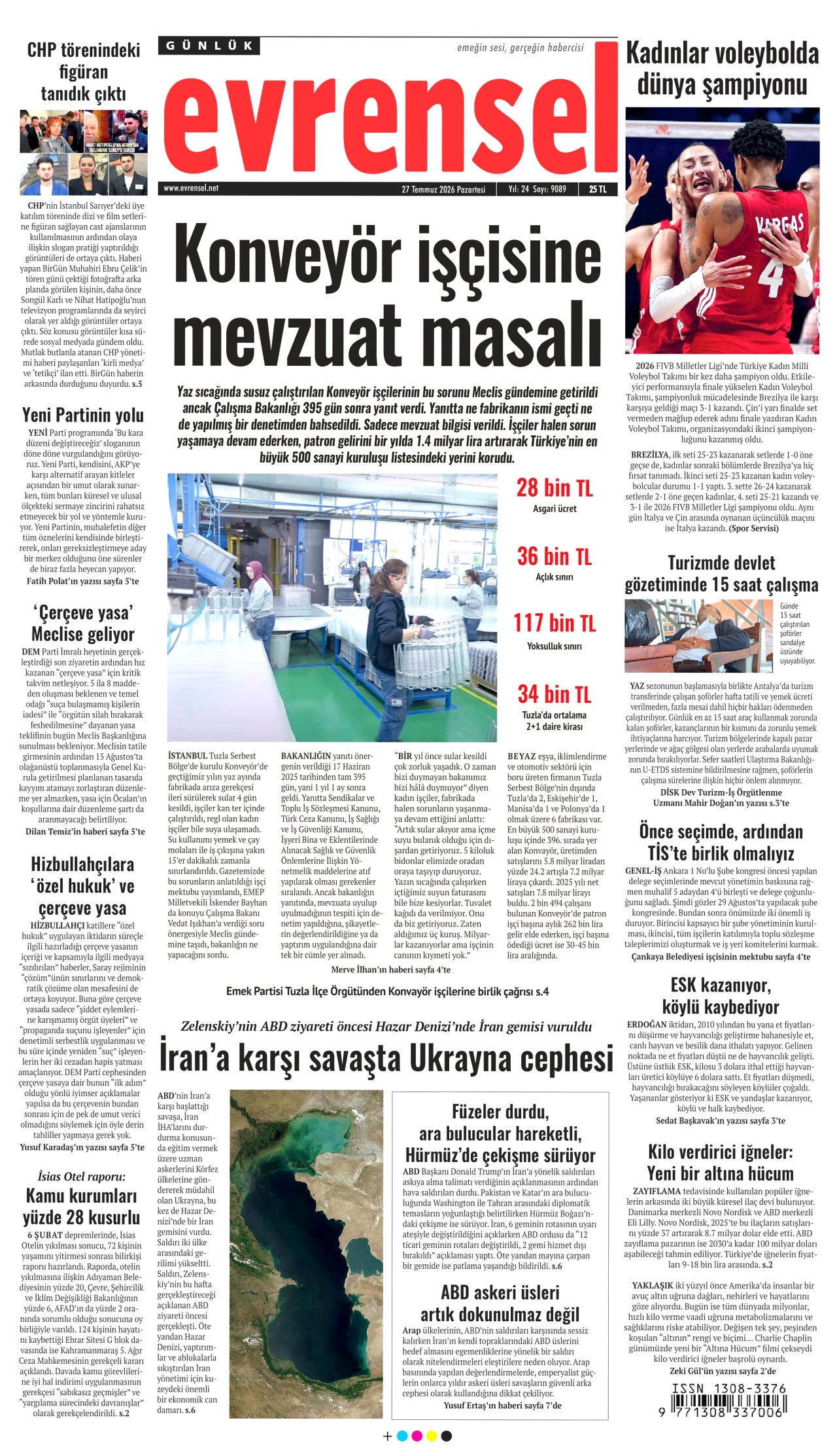 EVRENSEL gazetesinin 27 Temmuz 2026 tarihli birinci sayfası