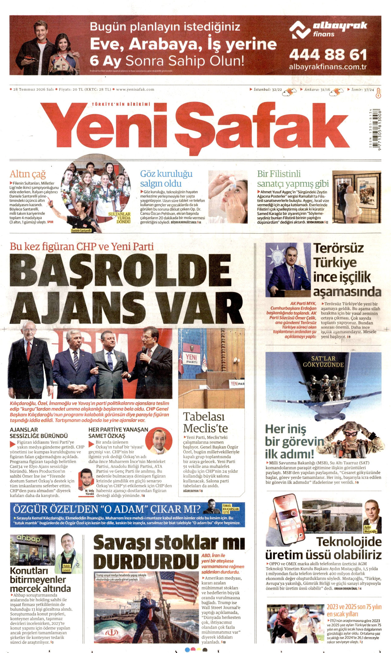 YENİ ŞAFAK gazetesinin 28 Temmuz 2026 tarihli birinci sayfası
