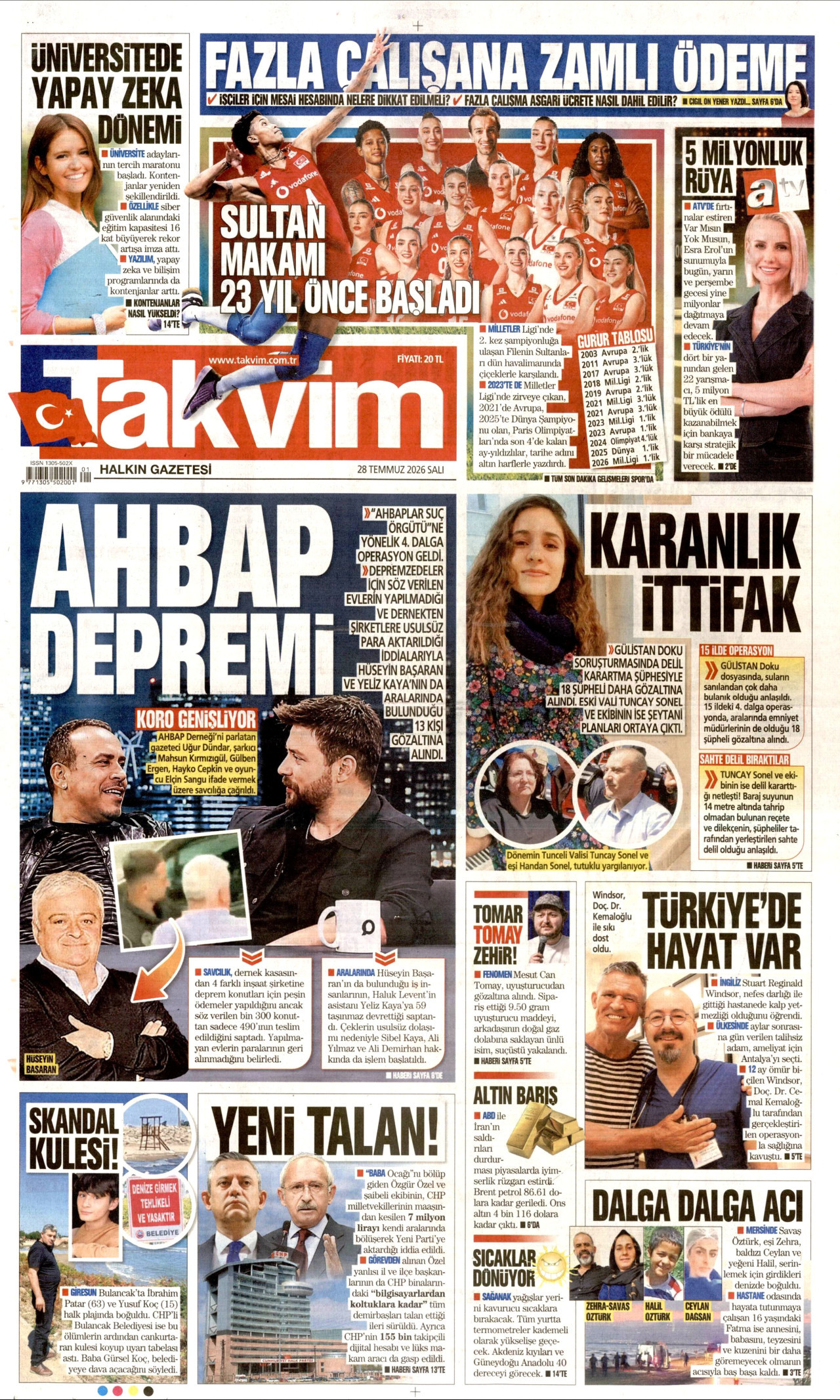 TAKVİM gazetesinin 28 Temmuz 2026 tarihli birinci sayfası