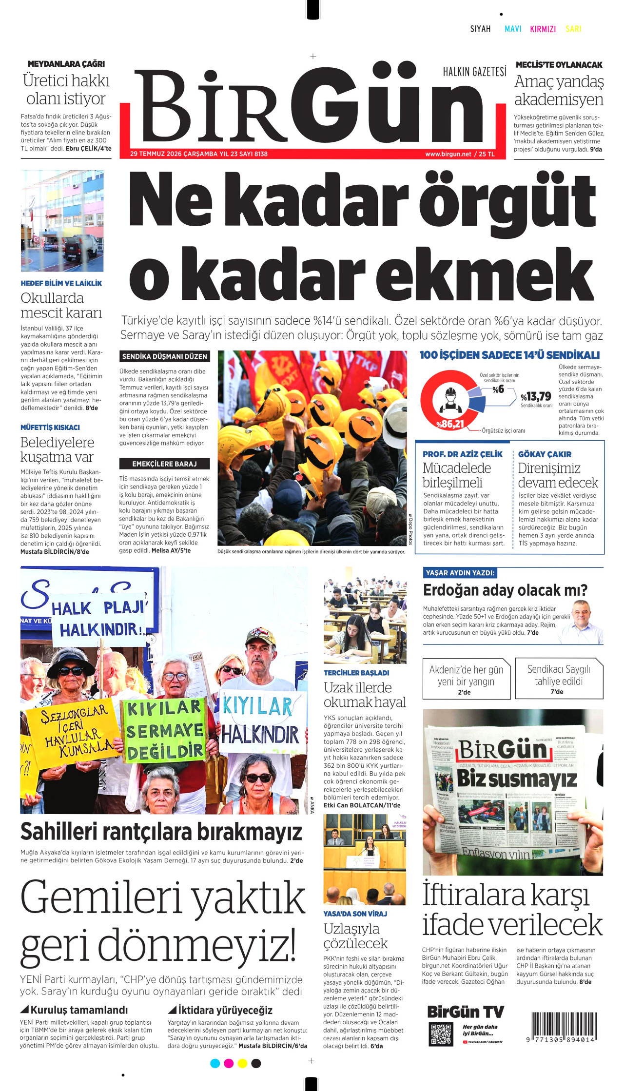 BİRGÜN gazetesinin 29 Temmuz 2026 tarihli birinci sayfası