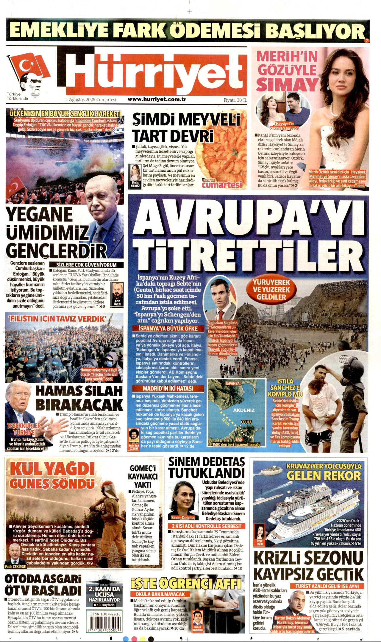HÜRRİYET gazetesinin 1 Ağustos 2026 tarihli birinci sayfası