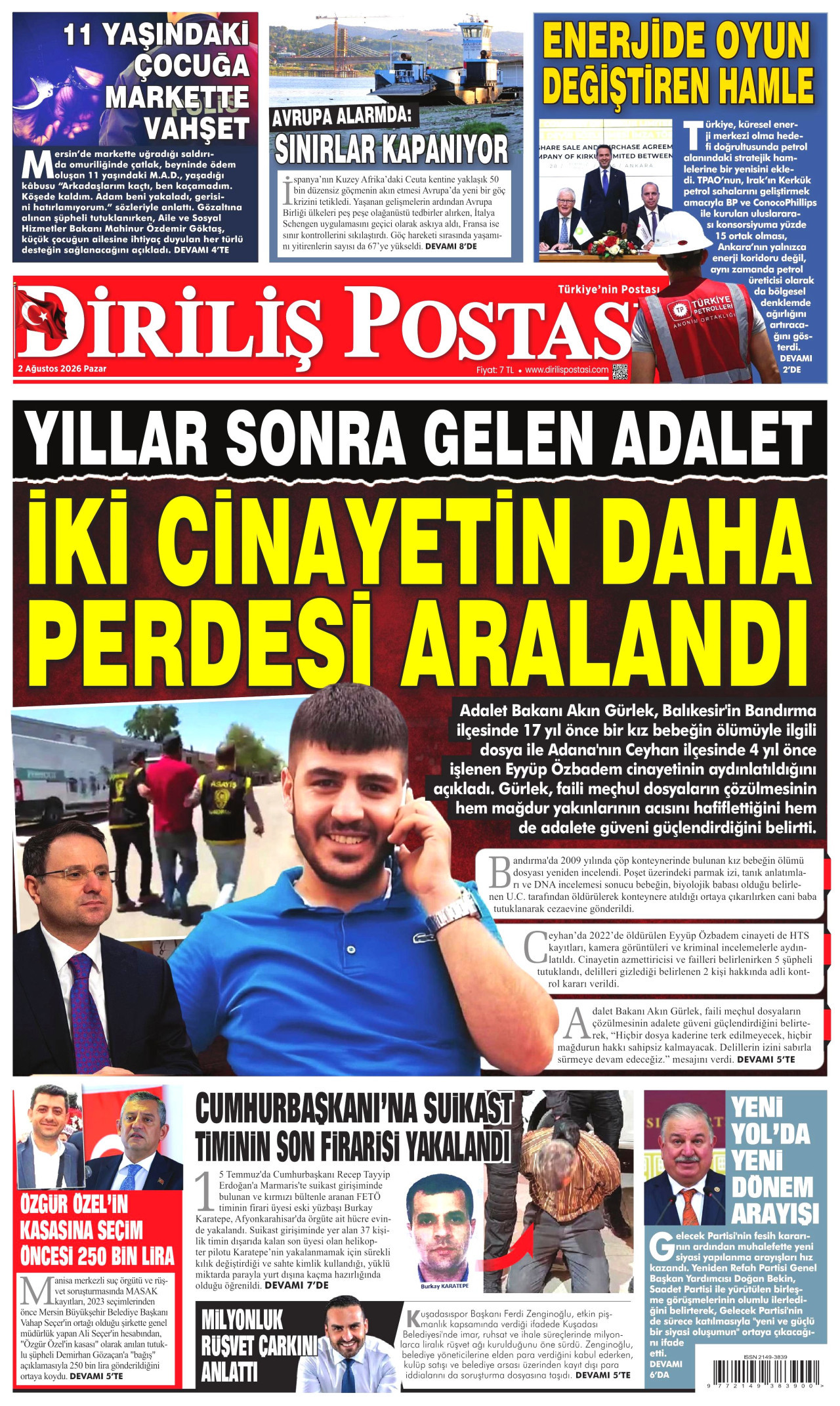 DİRİLİŞ POSTASI gazetesinin 2 Ağustos 2026 tarihli birinci sayfası