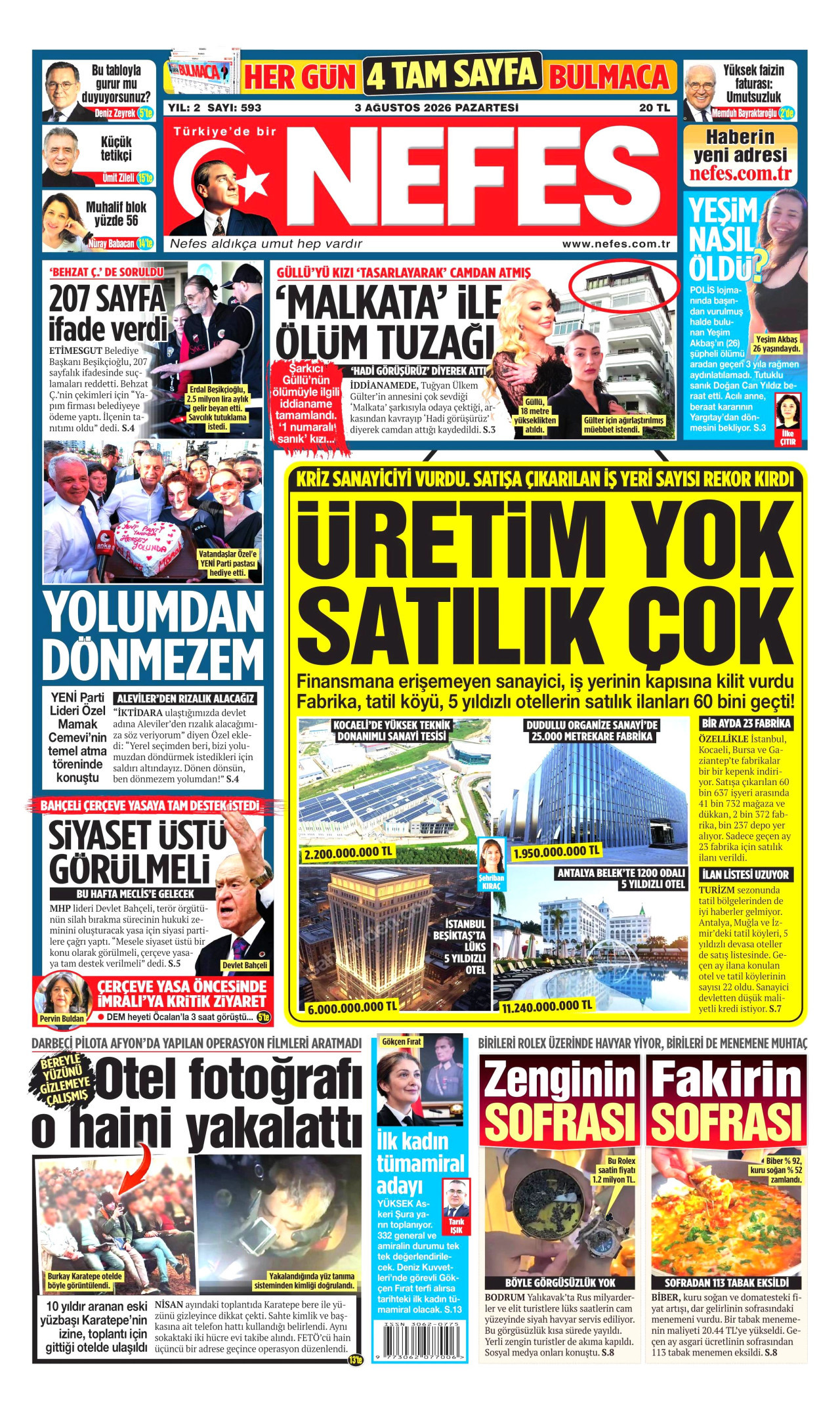 NEFES gazetesinin 3 Ağustos 2026 tarihli birinci sayfası